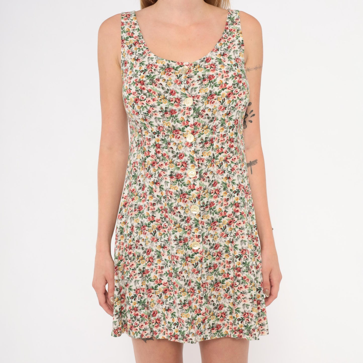 90s ViaMax Floral Mini Dress Button Front Tank Cream Rose Print Small S