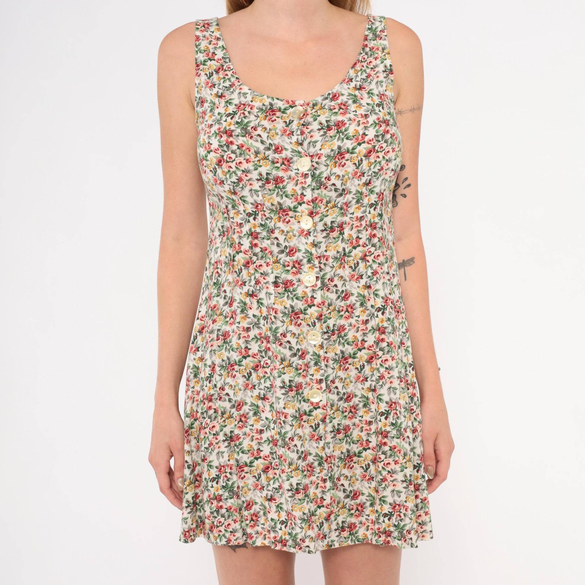 90s ViaMax Floral Mini Dress Button Front Tank Cream Rose Print Small S