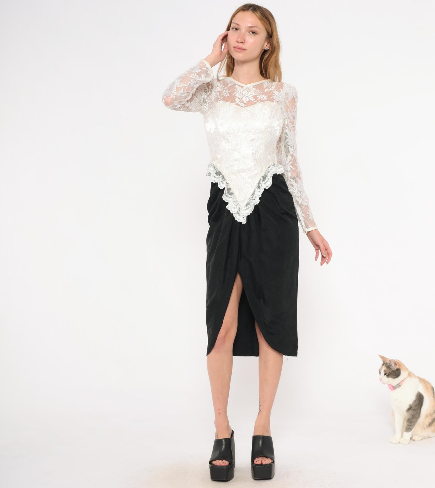 90s Black Ivory Lace Sweetheart Midi Dress Sheer Bustle Satin Pencil Skirt XS