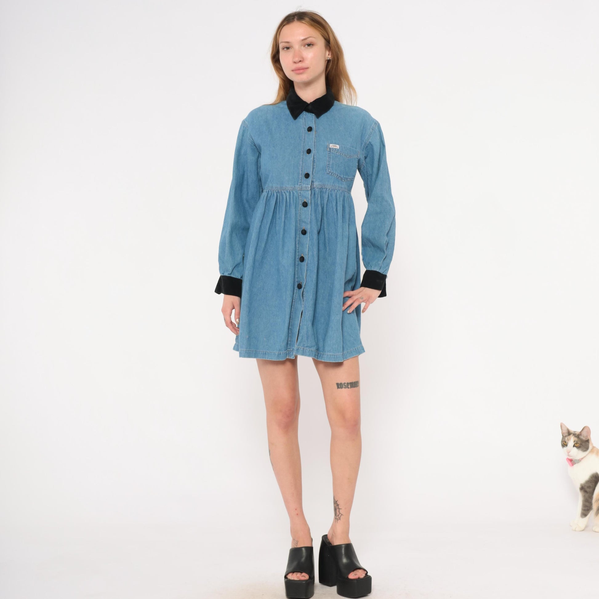 90s Forewarned Jeans Denim Babydoll Dress Black Velvet Collar Mini Small S