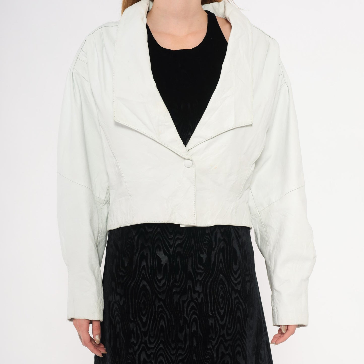 90s Chia Cropped Leather Jacket White Snap Front Batwing Sleeve Medium
