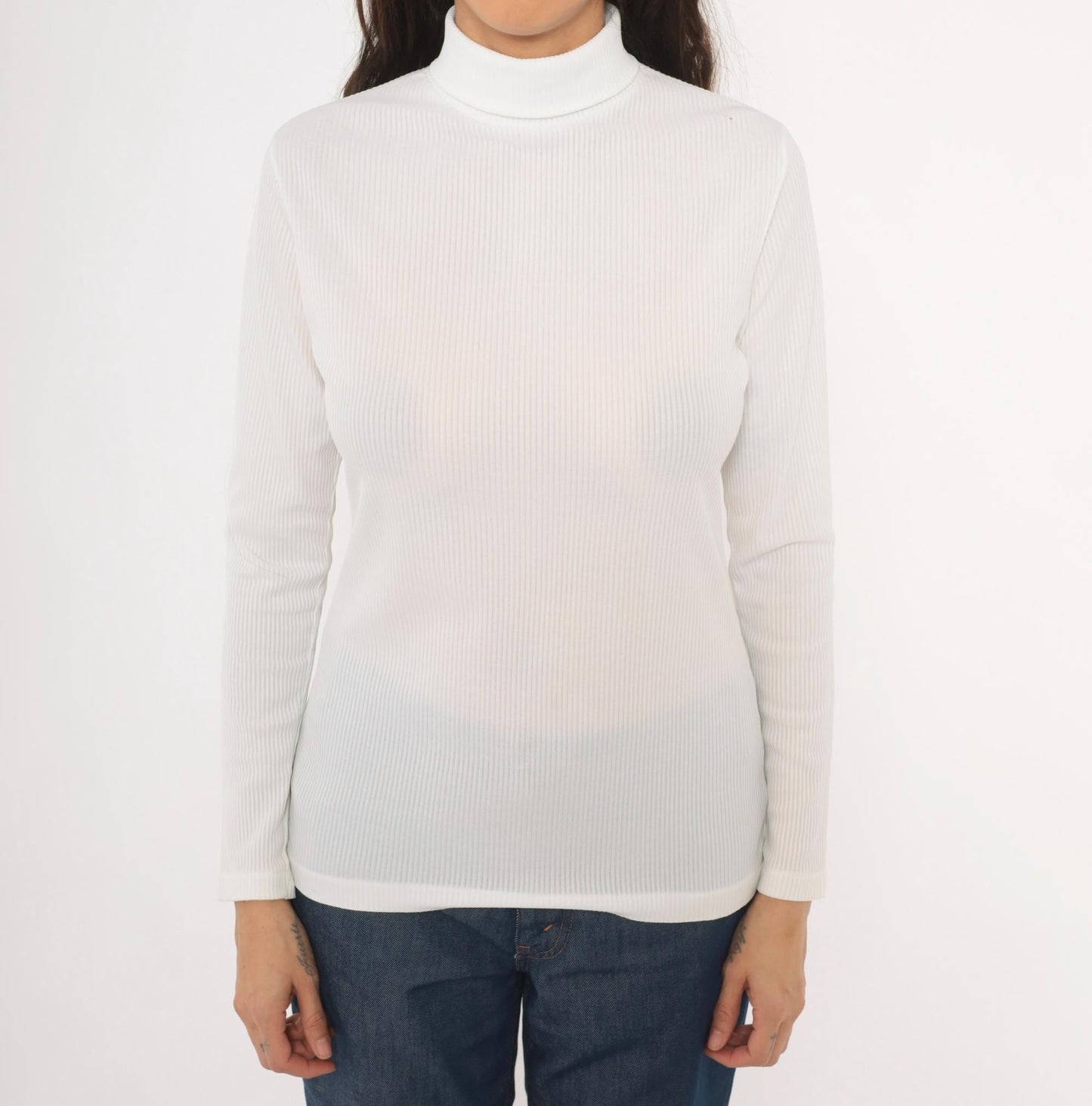 70s White Ribbed Mock Neck Top Long Sleeve Fitted Knit Zip Back Small