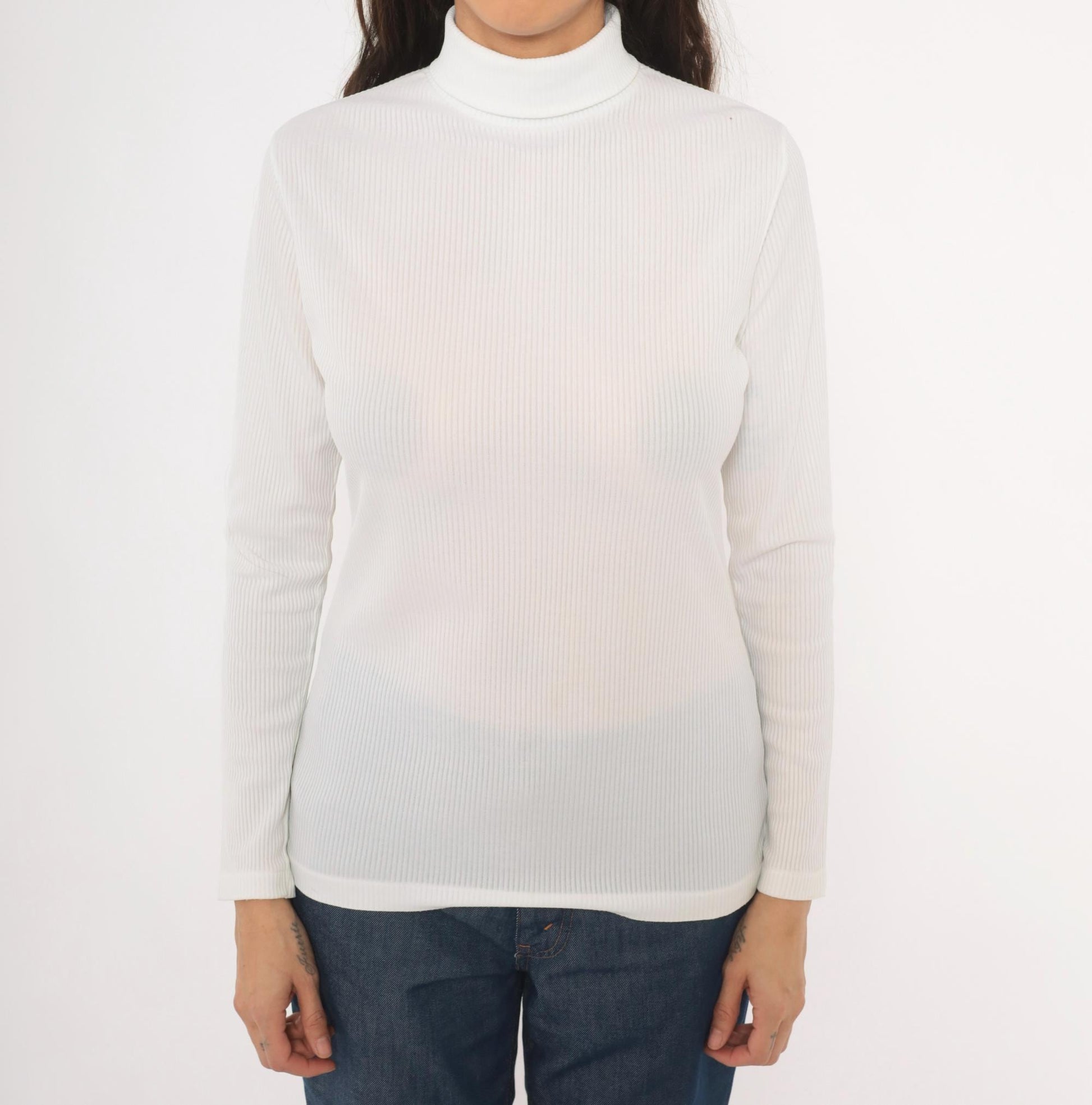 70s White Ribbed Mock Neck Top Long Sleeve Fitted Knit Zip Back Small