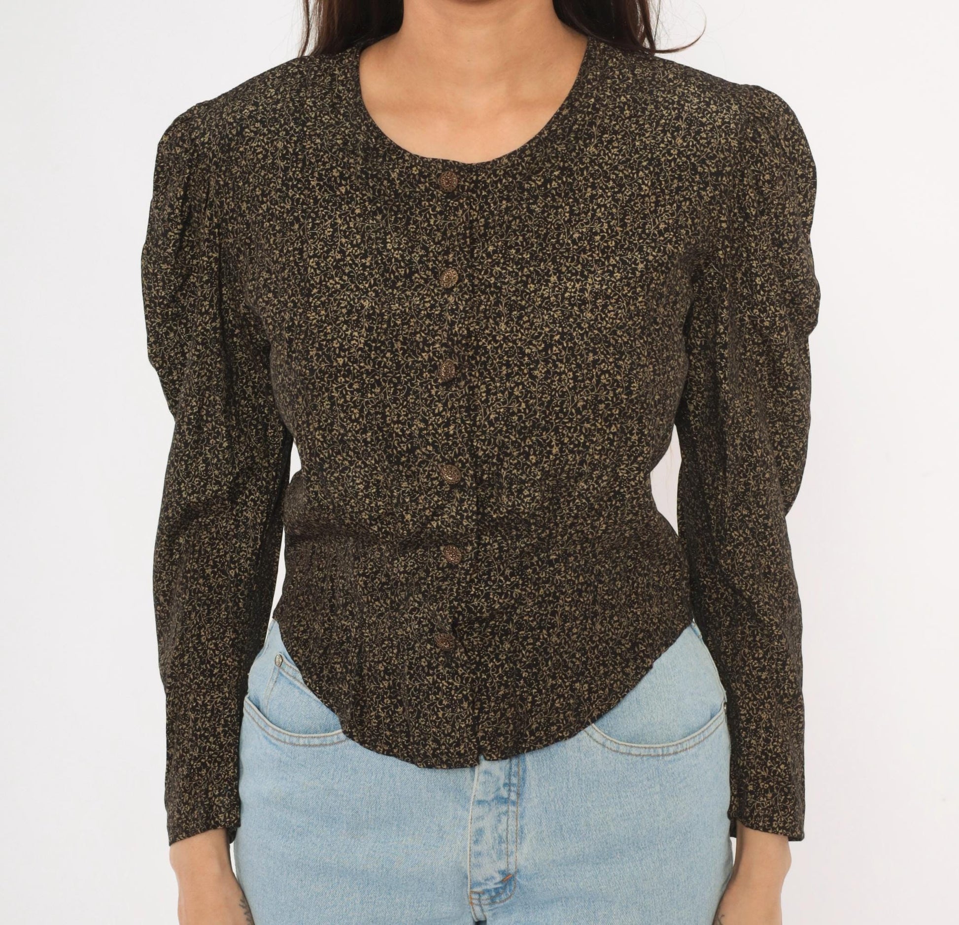 90s Maggie Lawrence Black Gold Ditsy Floral Puff Sleeve Blouse Small S