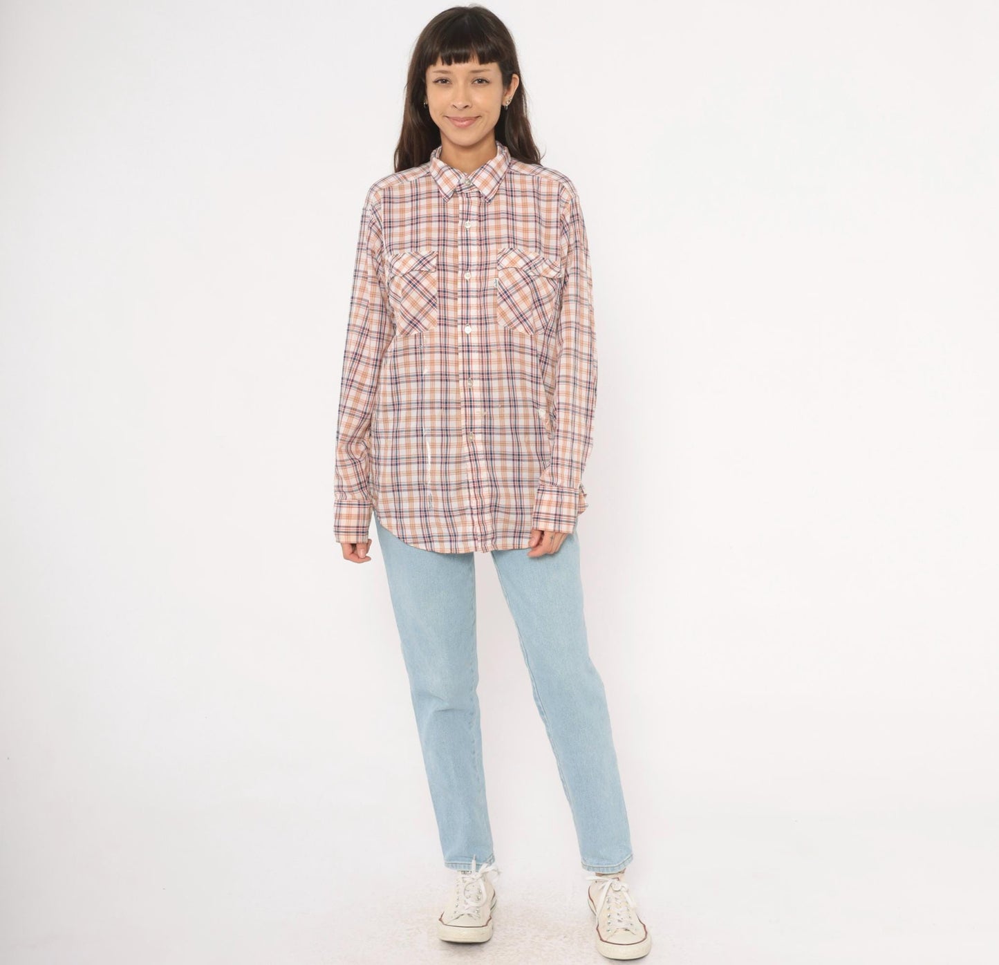 80s Levi Strauss Plaid Flannel Shirt White Navy Red Cotton Large L