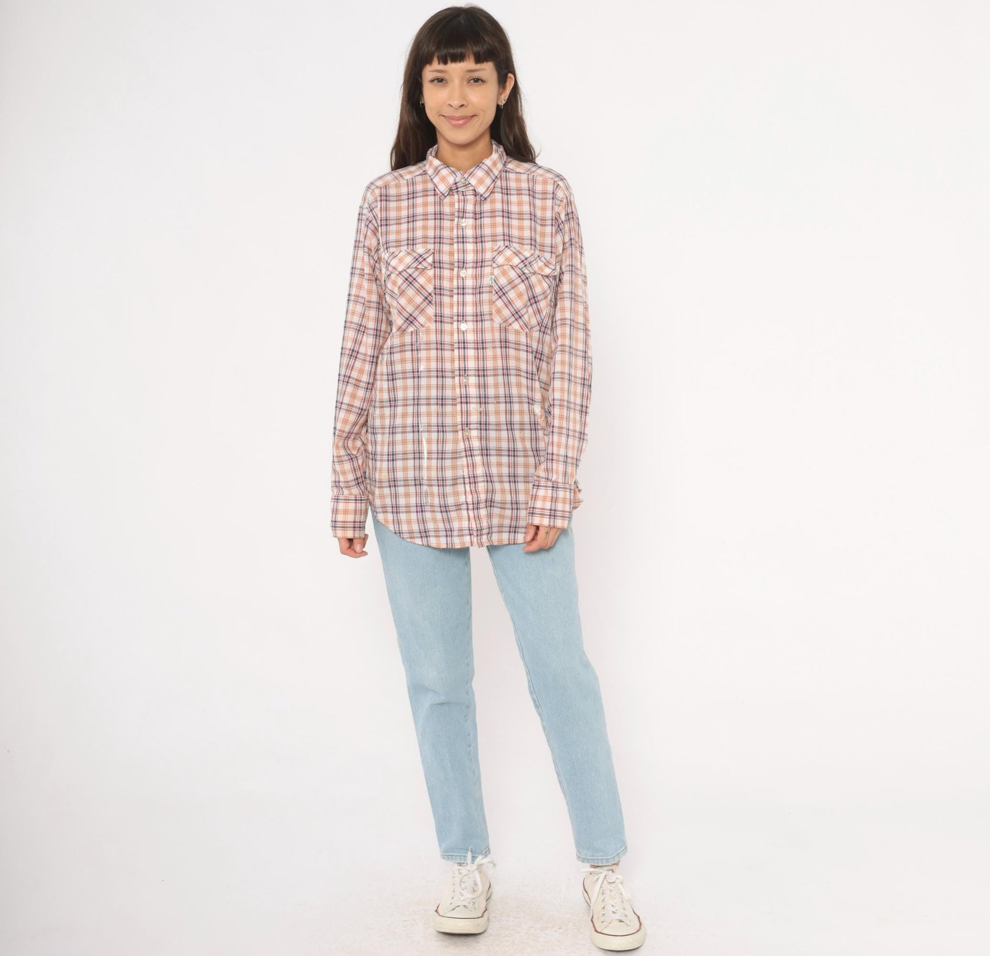 80s Levi Strauss Plaid Flannel Shirt White Navy Red Cotton Large L