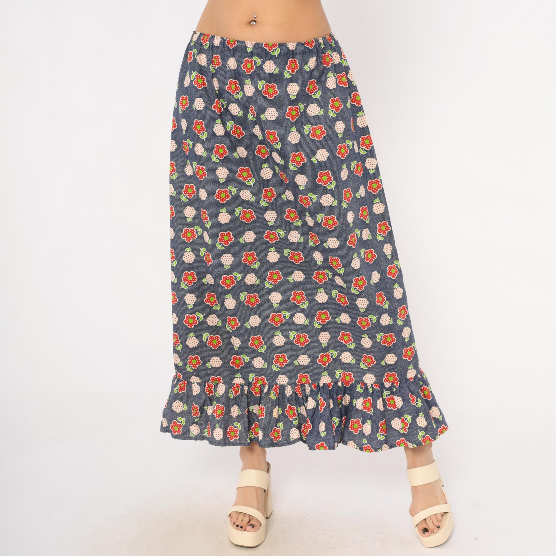 70s Navy Floral Maxi Skirt Strawberry Print Cotton Ruffle Hem Large L