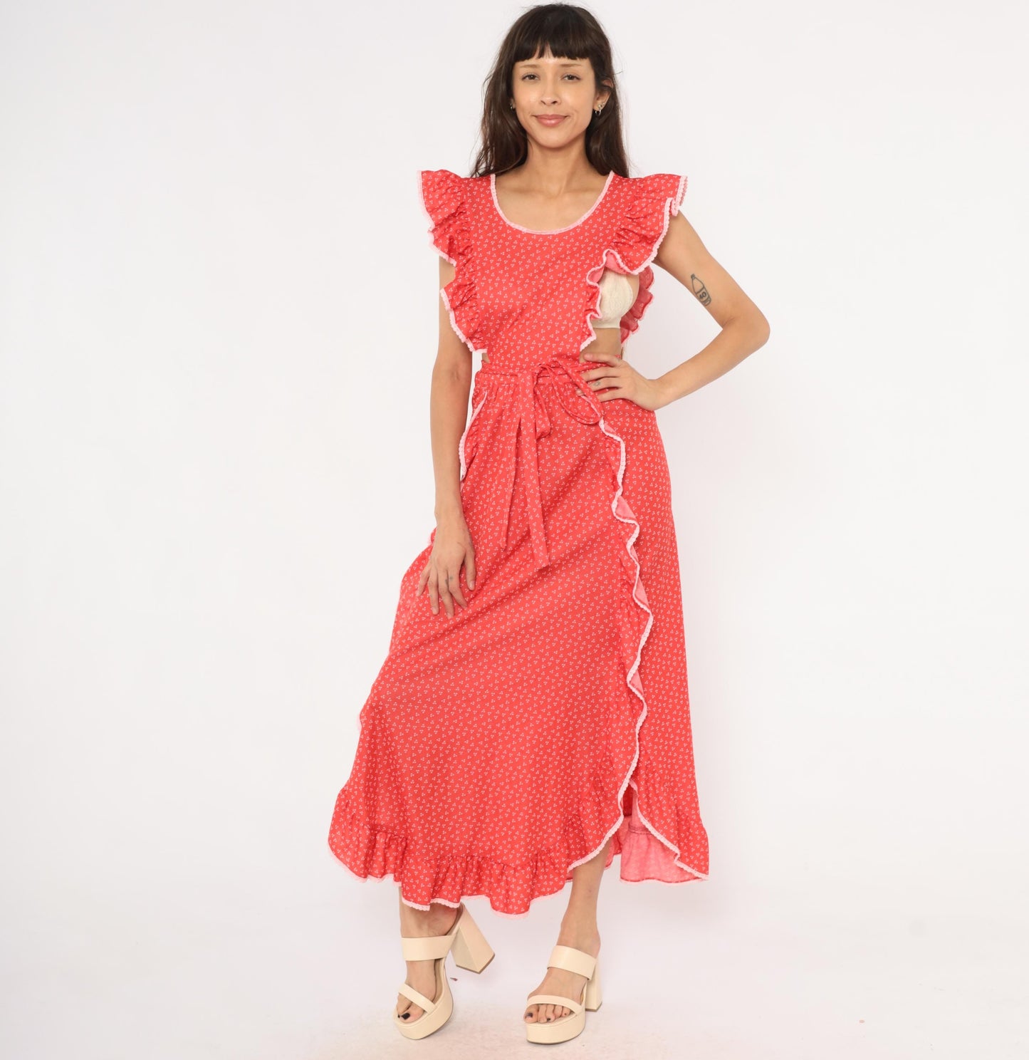 70s Gay Gibson Red Calico Maxi Dress Flutter Sleeve Lace Trim Small