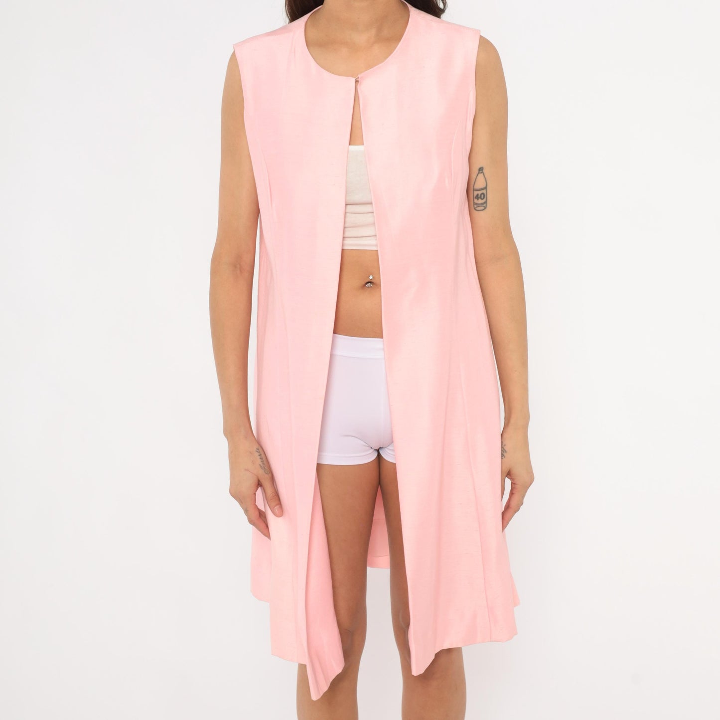 60s Pink Sleeveless Duster Vest Knee-Length Open Front Mod Small S