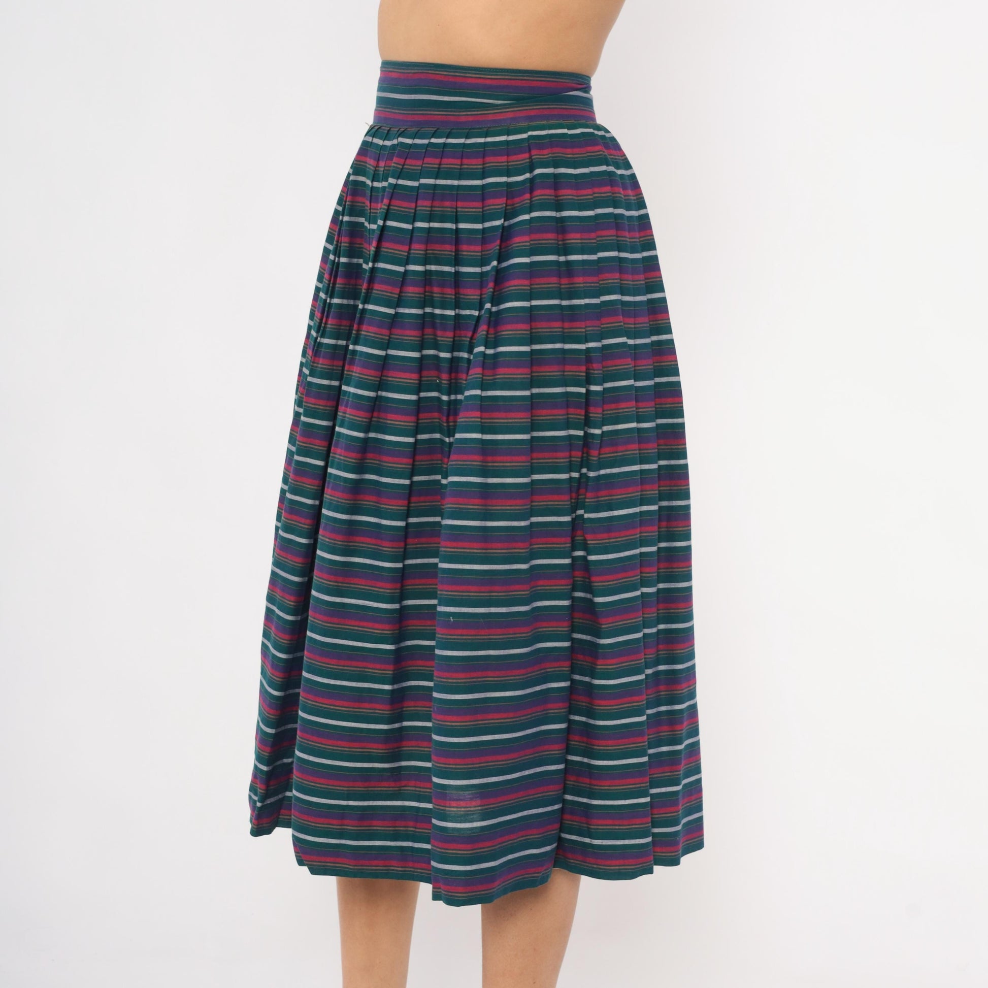 60s Striped Pleated Midi Skirt Teal Burgundy Navy High Waist Cotton Small