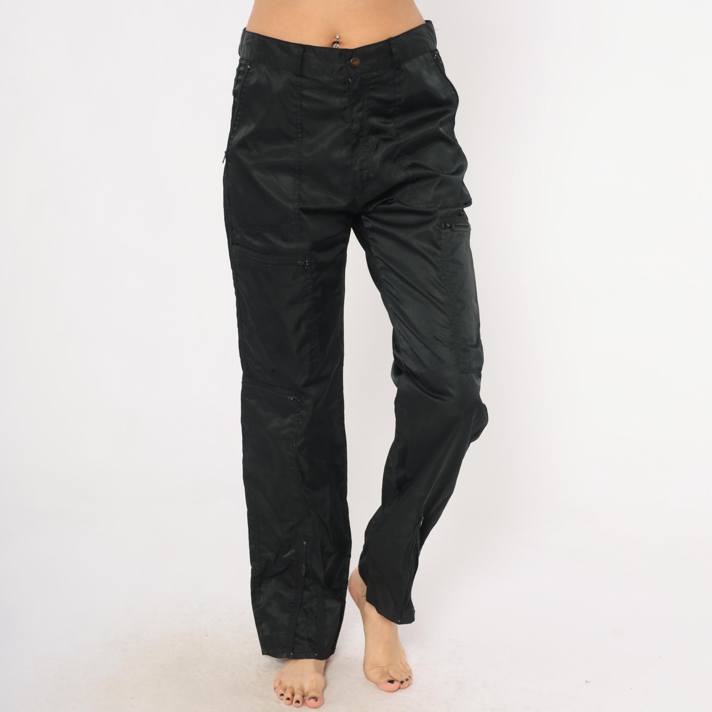 Y2K Black Nylon Cargo Pants Graffiti Low Rise Straight Leg Utility 32 Medium
