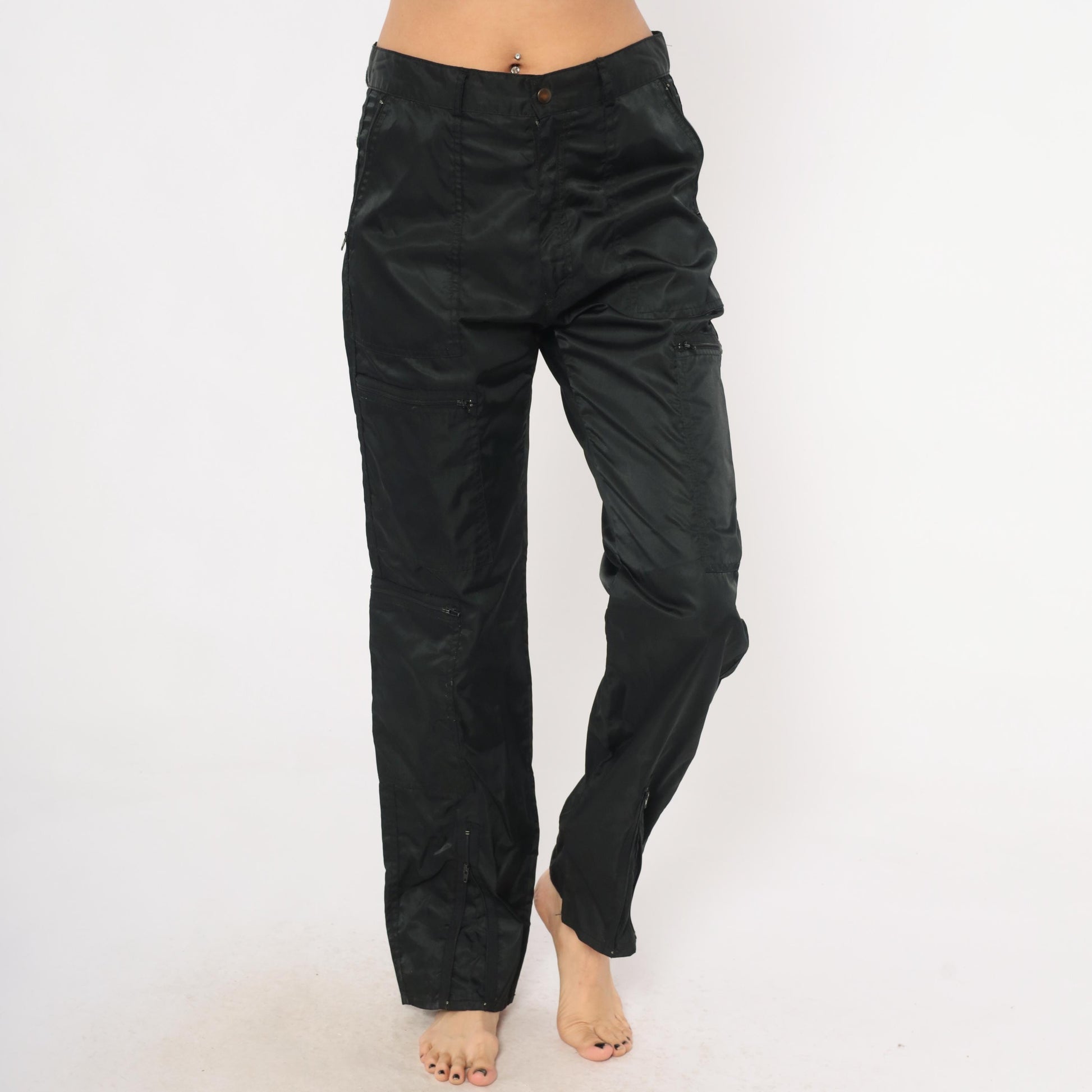 Y2K Black Nylon Cargo Pants Graffiti Low Rise Straight Leg Utility 32 Medium