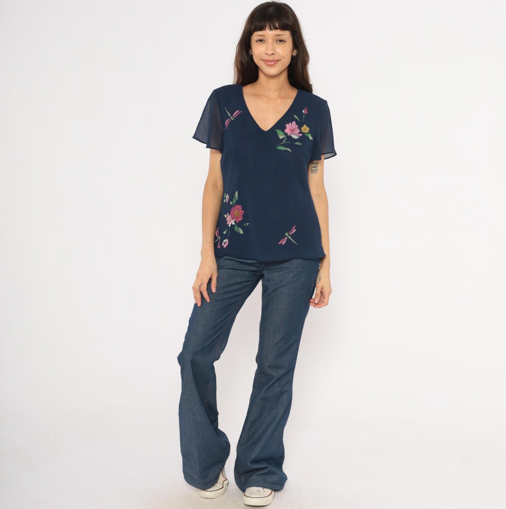90s Karin Stevens Navy Floral Dragonfly Chiffon Blouse Flutter Sleeve Large L