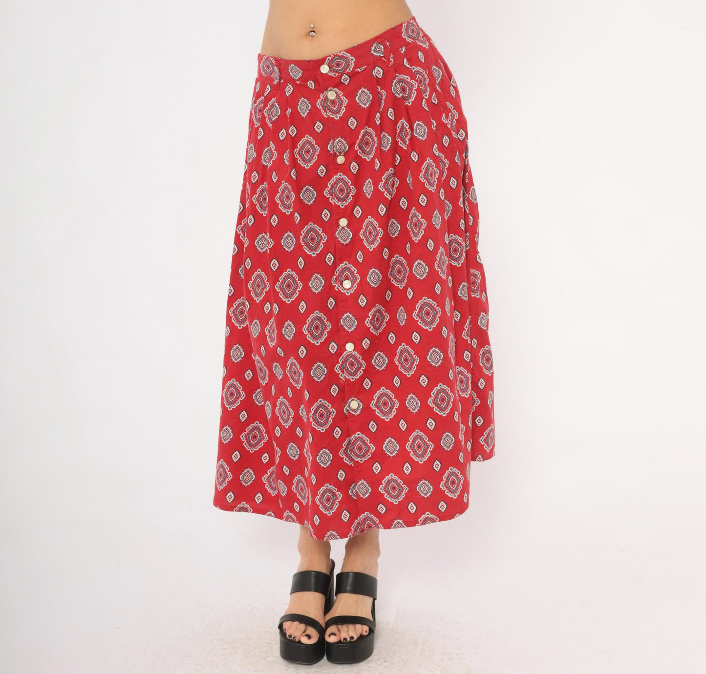 90s Liz Wear Southwestern Midi Skirt Red Medallion Print Cotton Large L