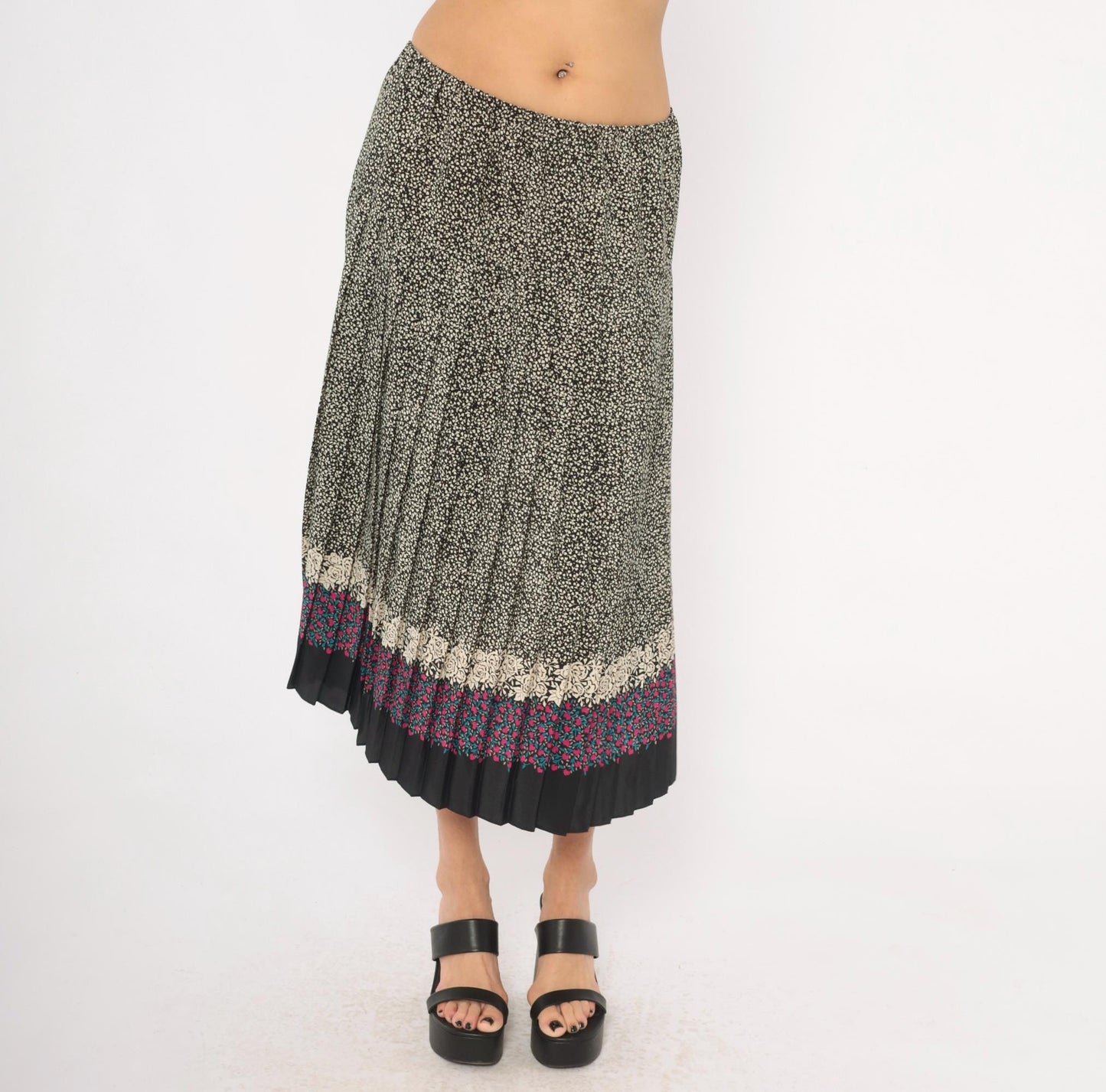 80s Floral Border Midi Skirt Black Cream Rose Pink Teal Pleated Medium Large