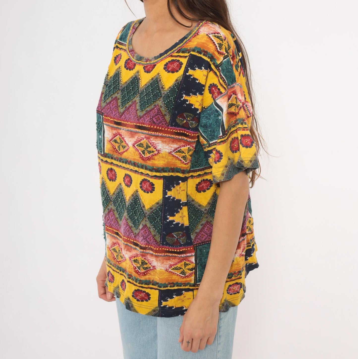 90s Gee J Southwestern Geometric Cotton Tee Multicolor Tribal Patchwork Large L