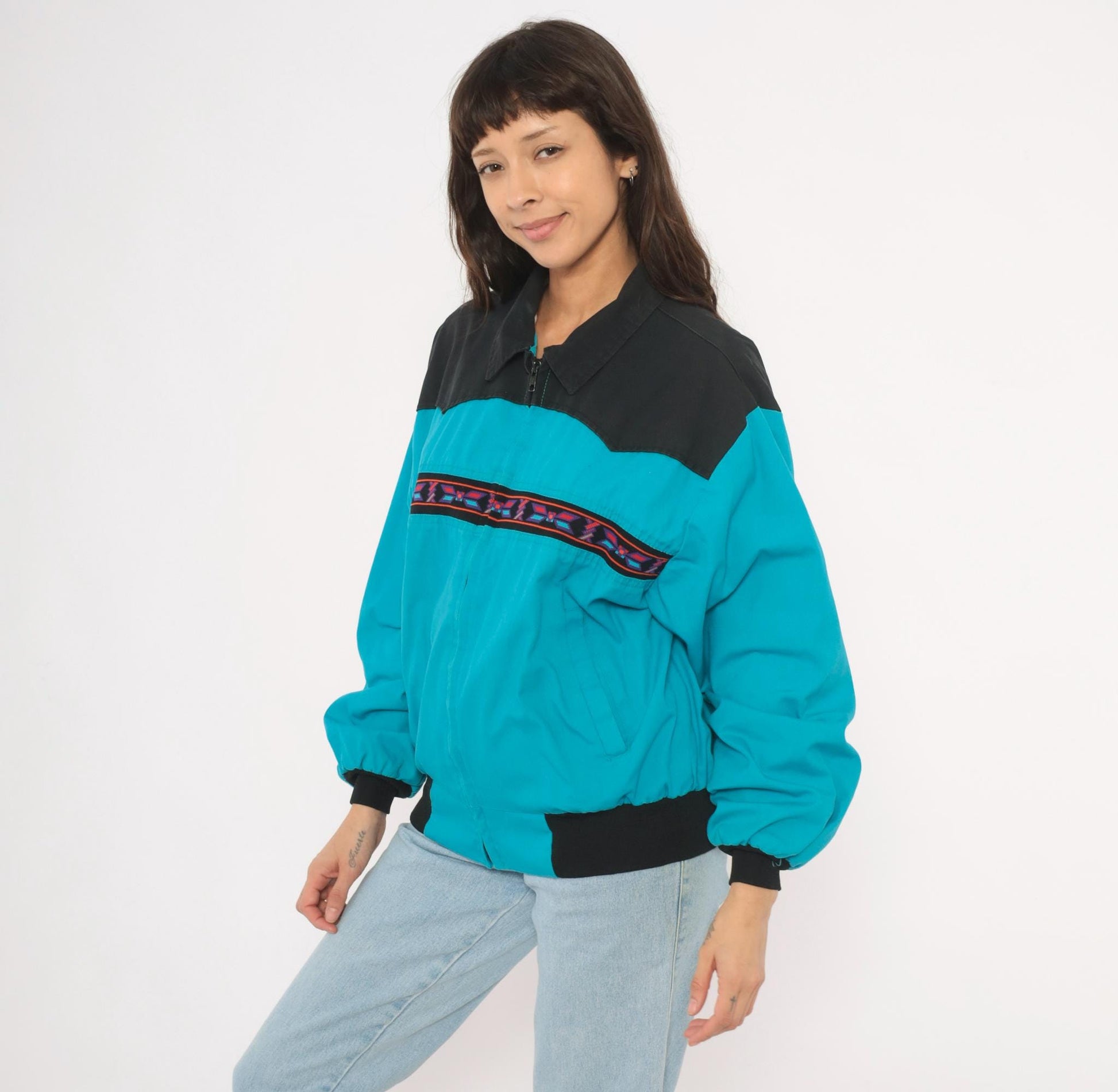 90s Santa Fe Trail Southwestern Bomber Jacket Teal Black Western Yoke Medium