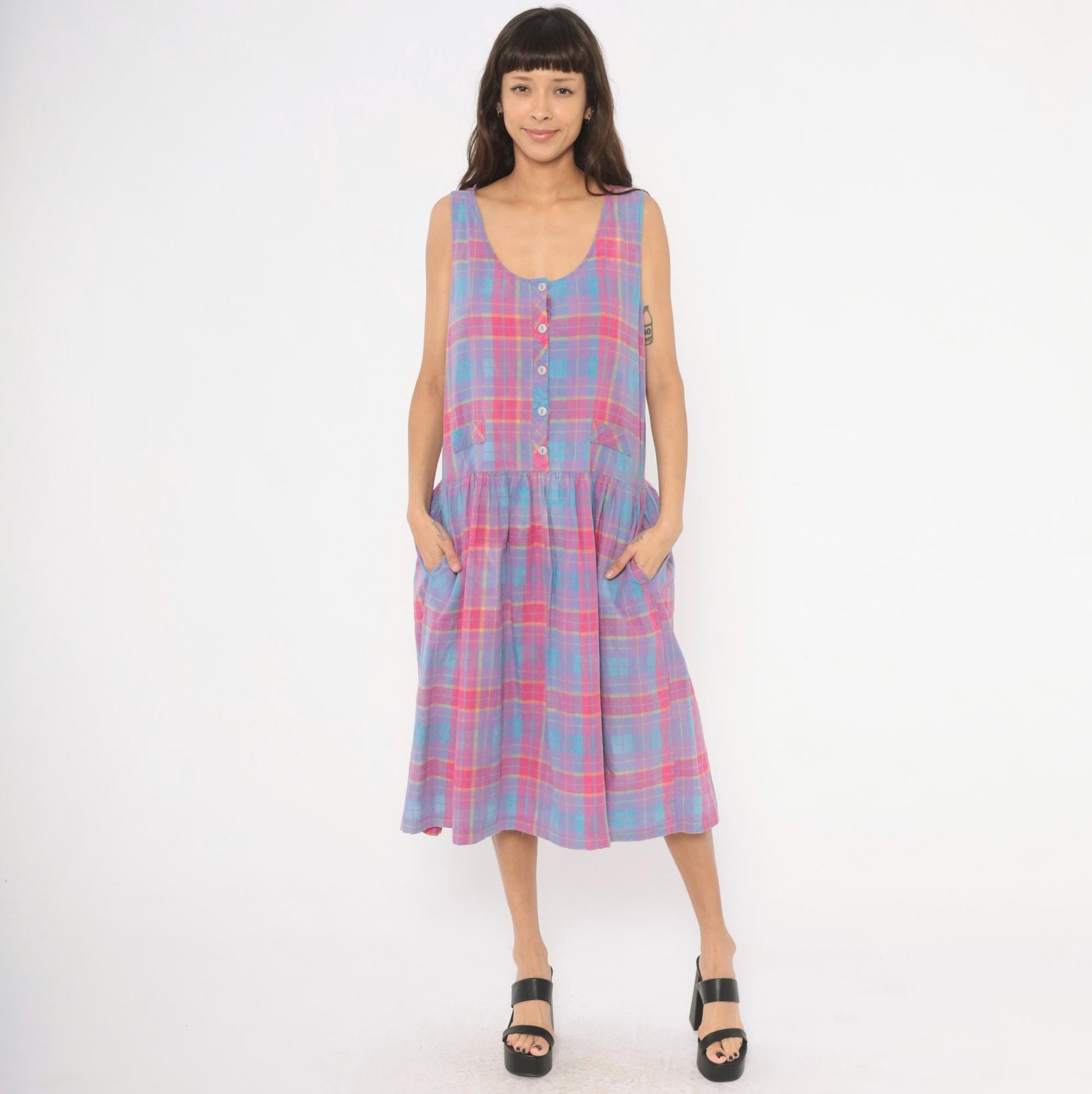 90s Victoria Plaid Cotton Midi Sundress Purple Pink Blue Large L