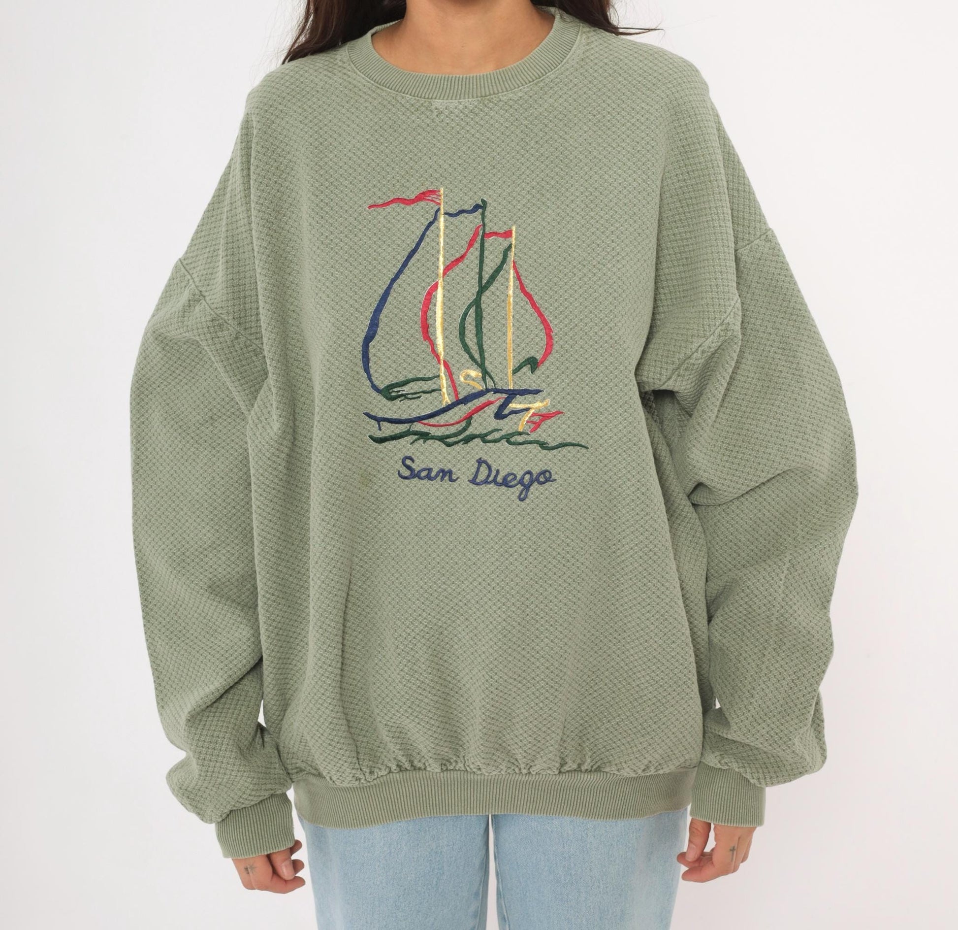 90s San Diego Sailboat Embroidered Waffle Knit Sweatshirt Olive Large L