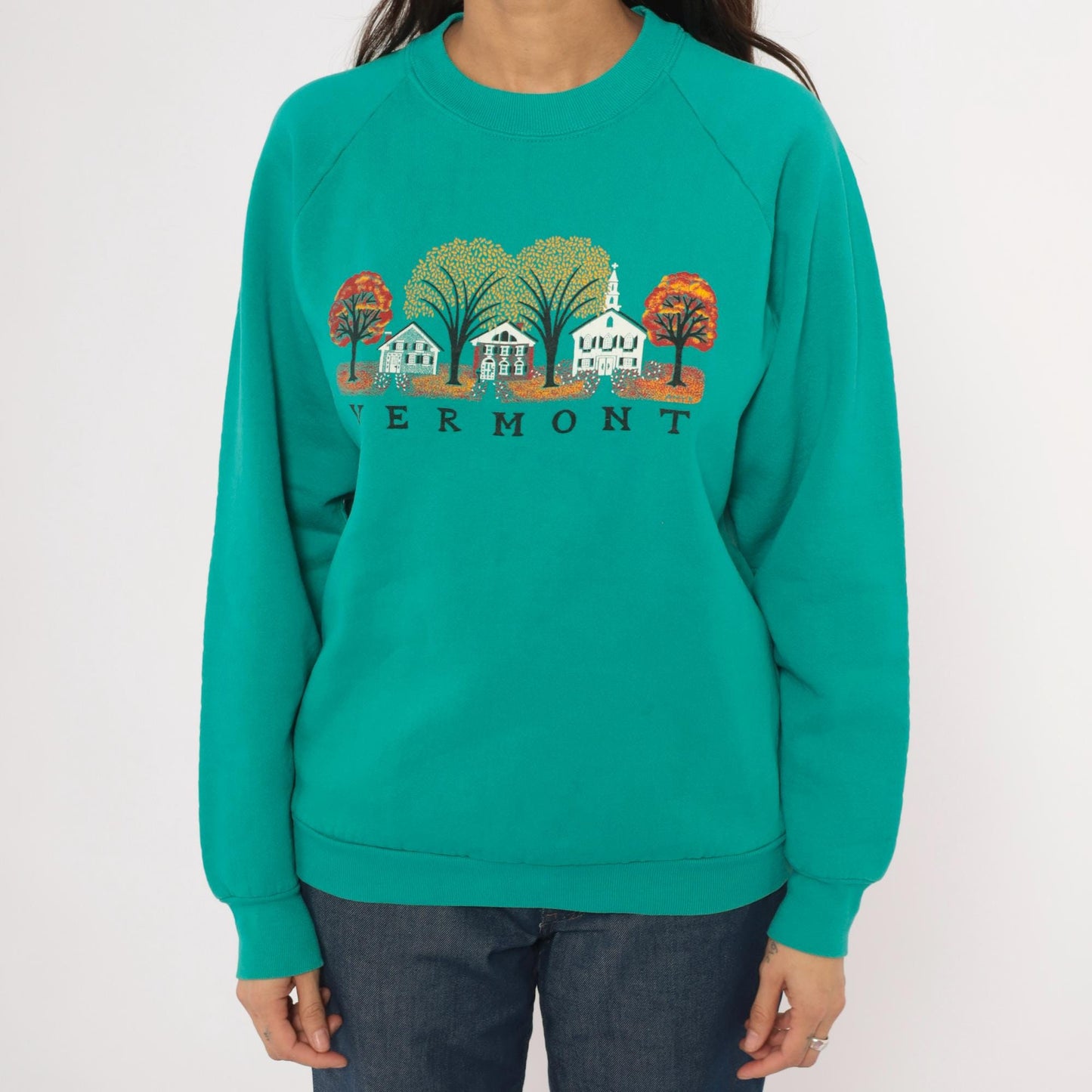 90s Vermont Autumn Village Teal Crewneck Sweatshirt Cotton Graphic Large L