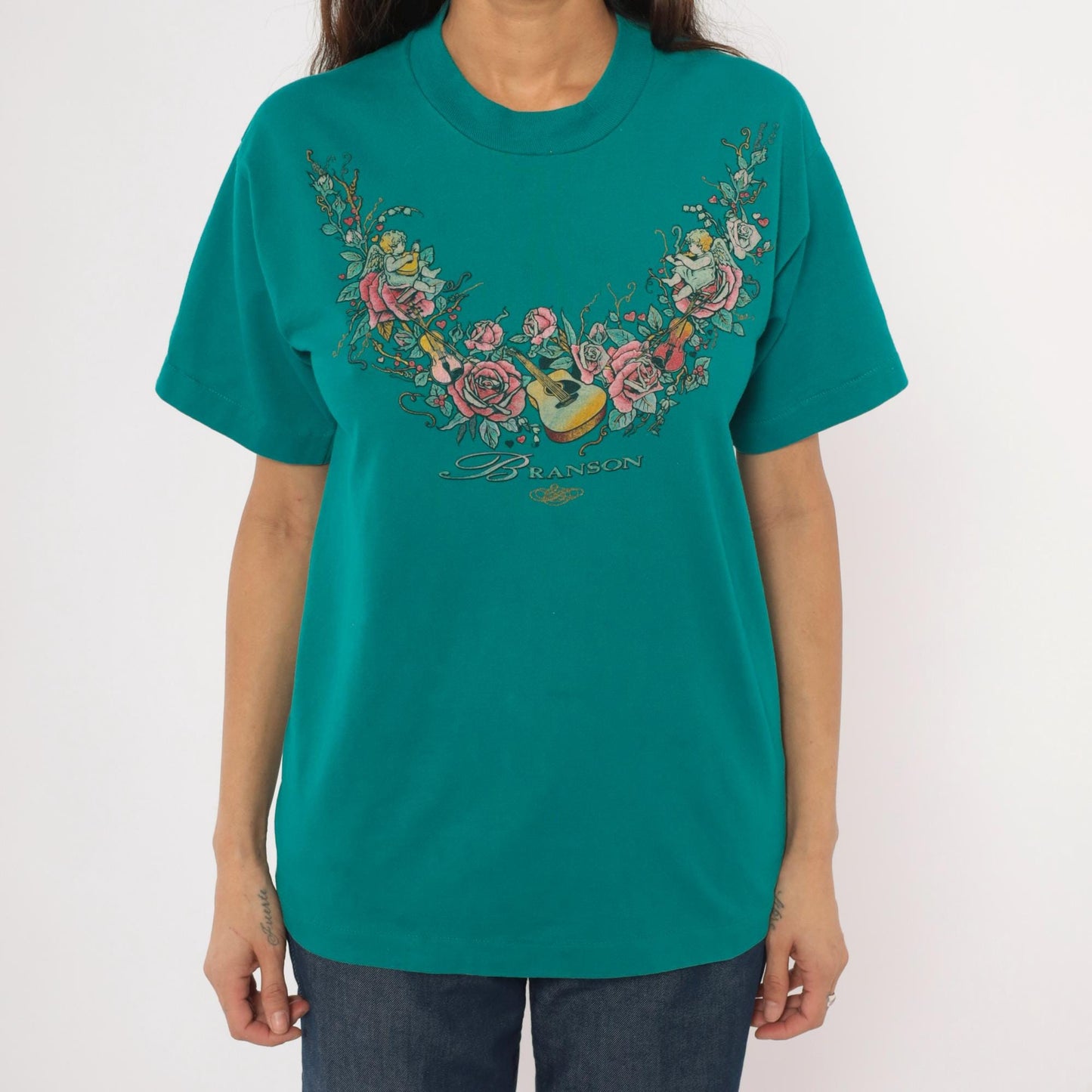 90s Branson Cherub Angel Roses Guitar Teal Cotton Graphic Tee Small