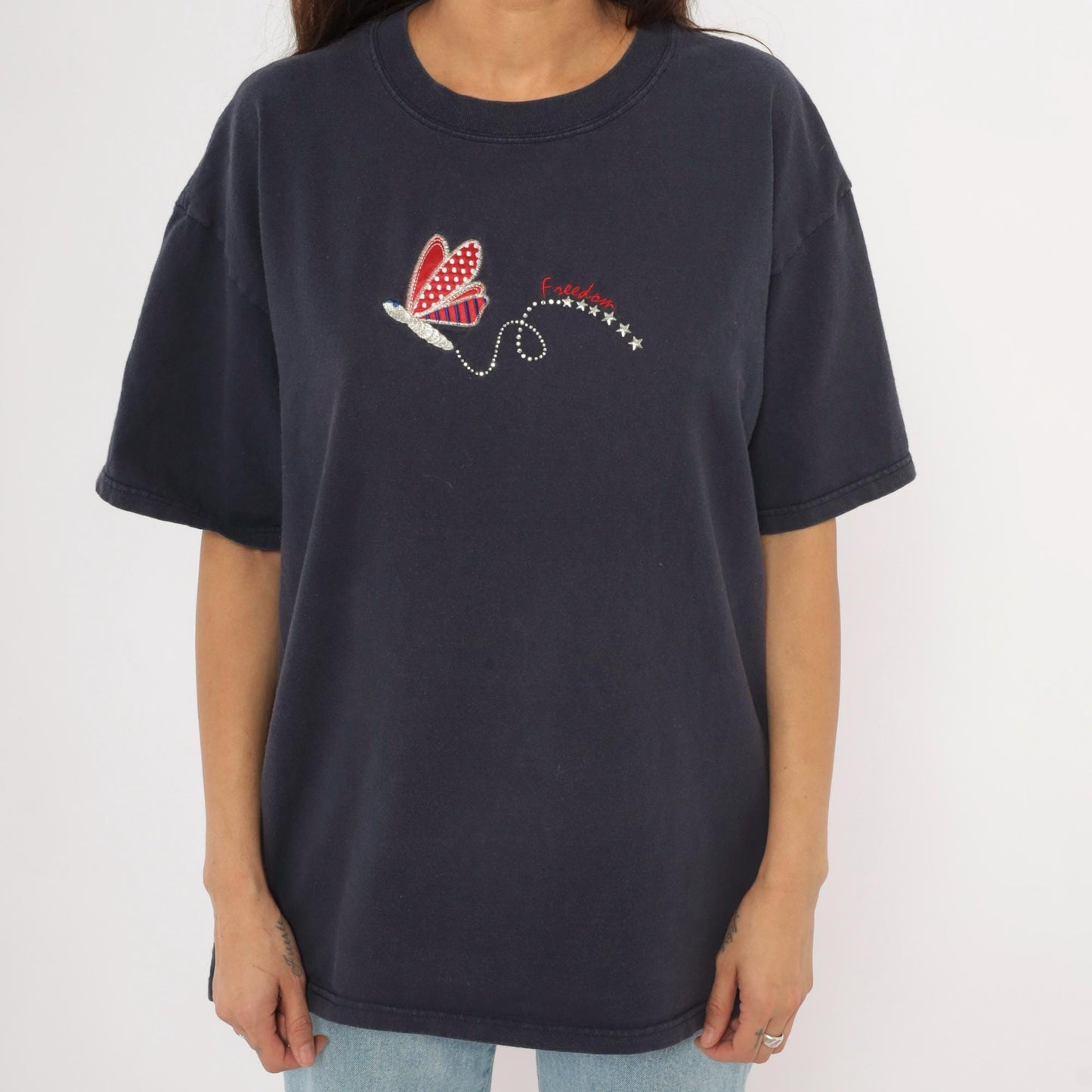 90s Mc Squared Energy Butterfly Embroidered Tee Navy Cotton Americana Stars Extra Large XXL