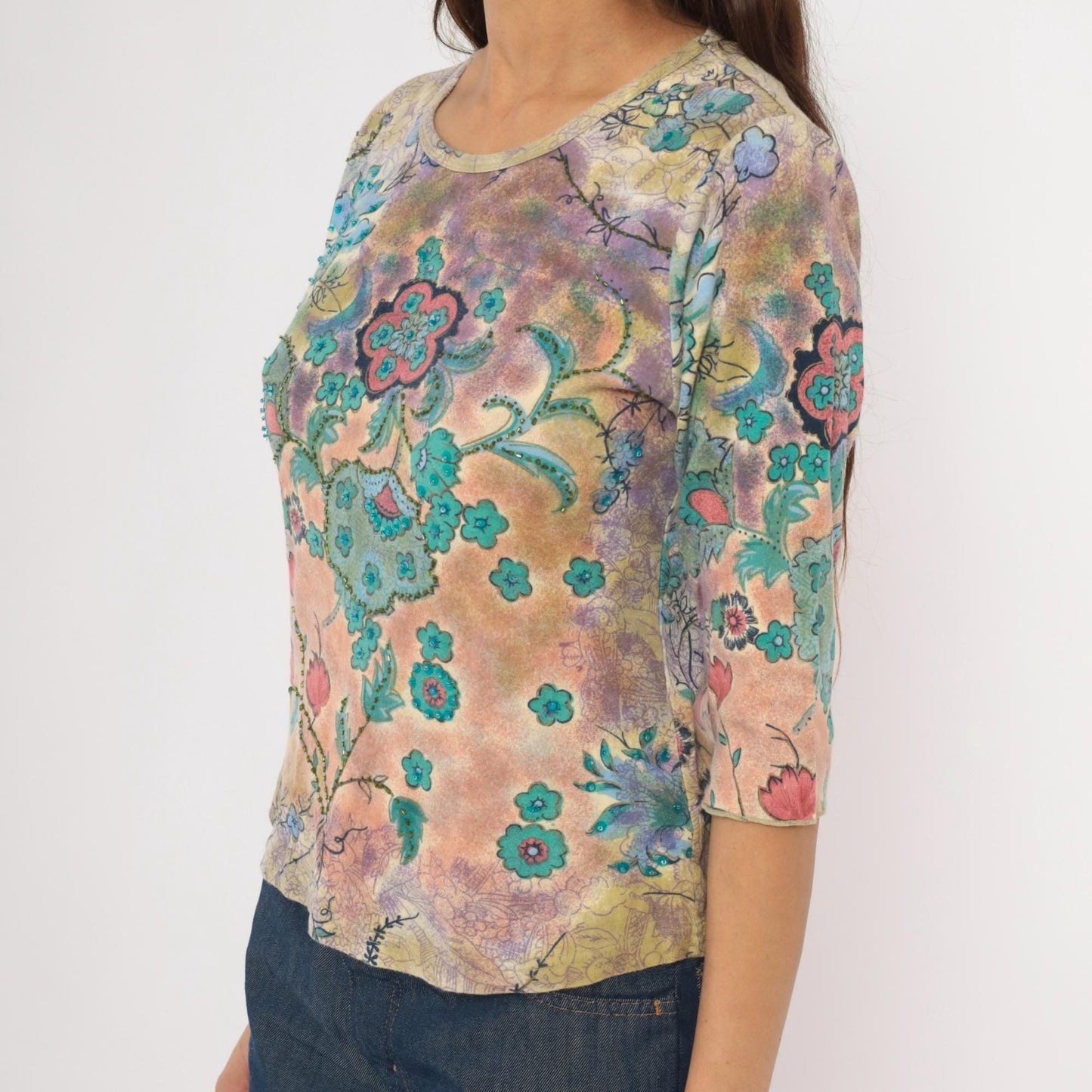 Y2K Watercolor Floral Sequin Top Three Quarter Sleeve Teal Rose Lavender Small S