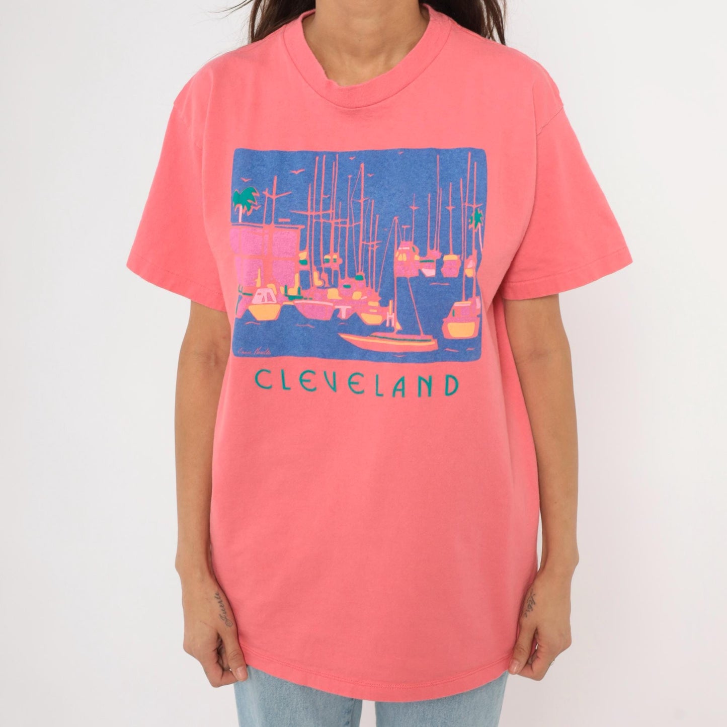 90s Eyecatcher Sportswear Cleveland Marina Tee Coral Pink Sailboat Graphic Extra Large XL