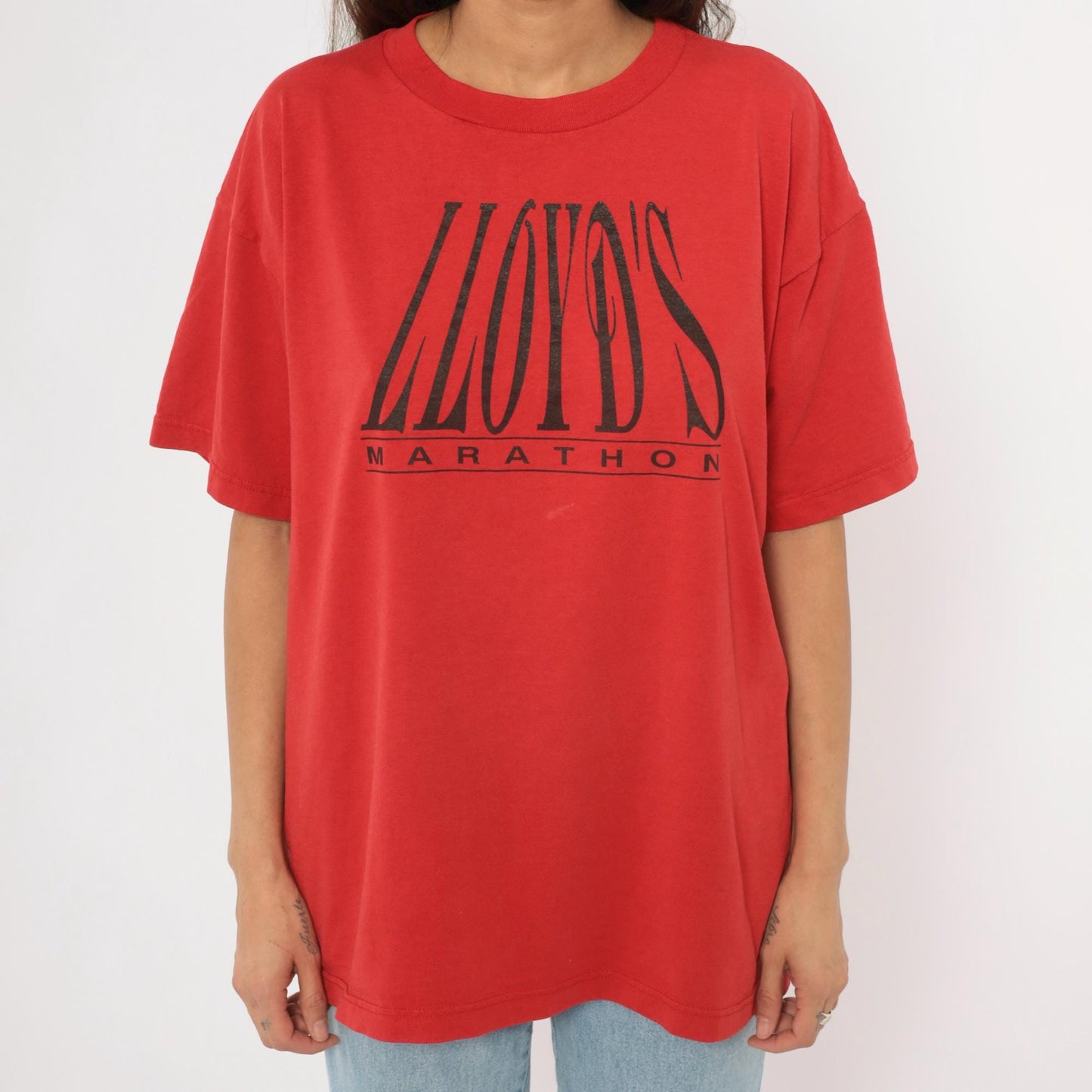 90s Lloyd's Marathon Tee Fruit of the Loom Red Graphic Coach Crewneck Extra Large XL
