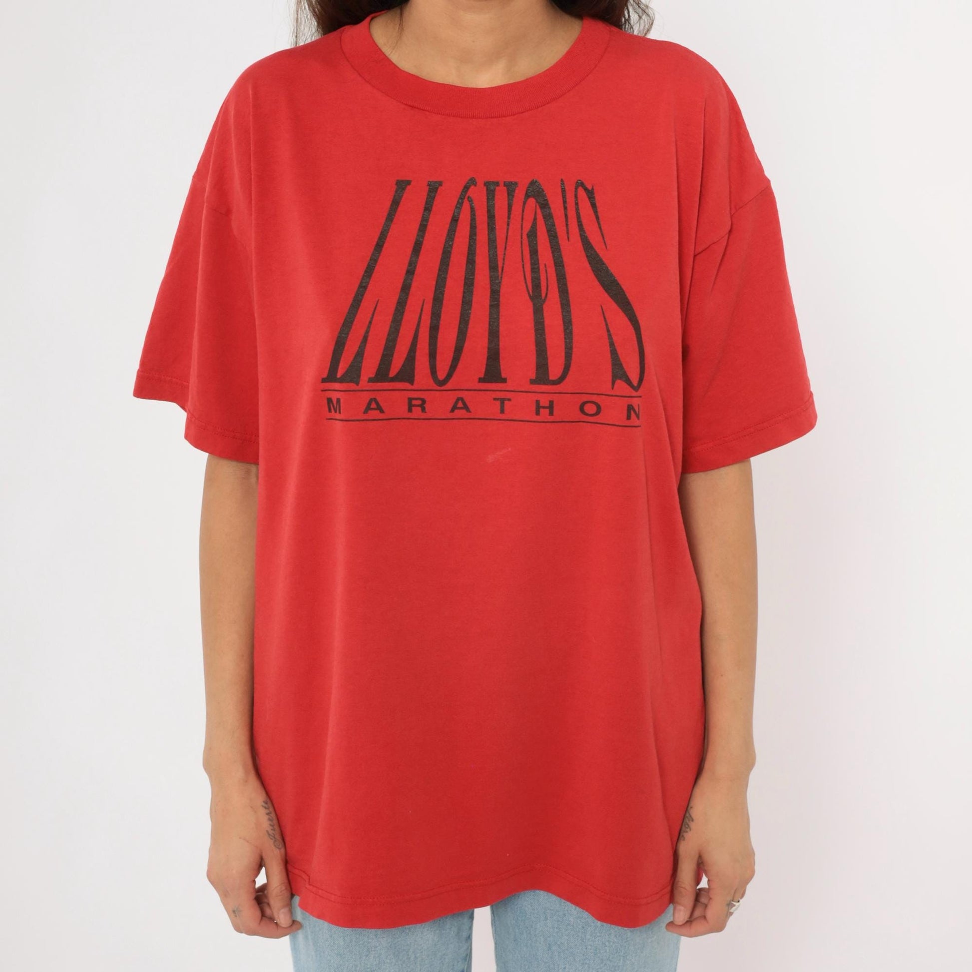 90s Lloyd's Marathon Tee Fruit of the Loom Red Graphic Coach Crewneck Extra Large XL