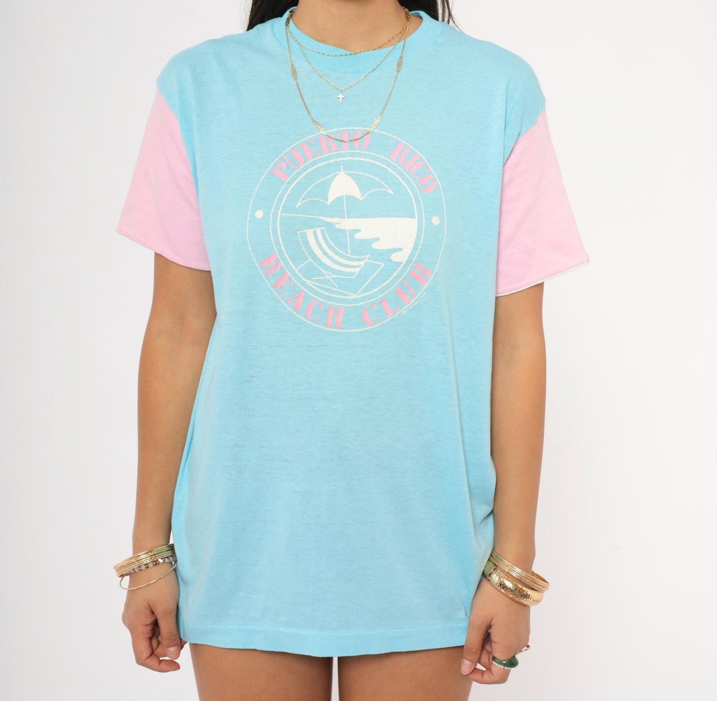 80s Puerto Rico Beach Club Colorblock Tee Baby Blue Pink Graphic Medium