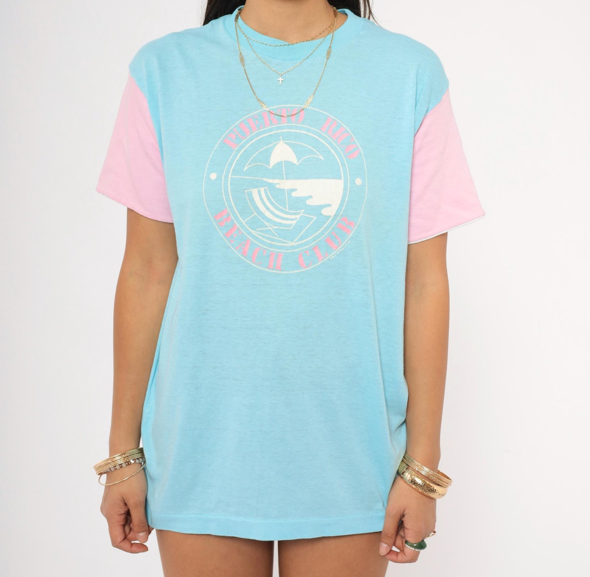 80s Puerto Rico Beach Club Colorblock Tee Baby Blue Pink Graphic Medium