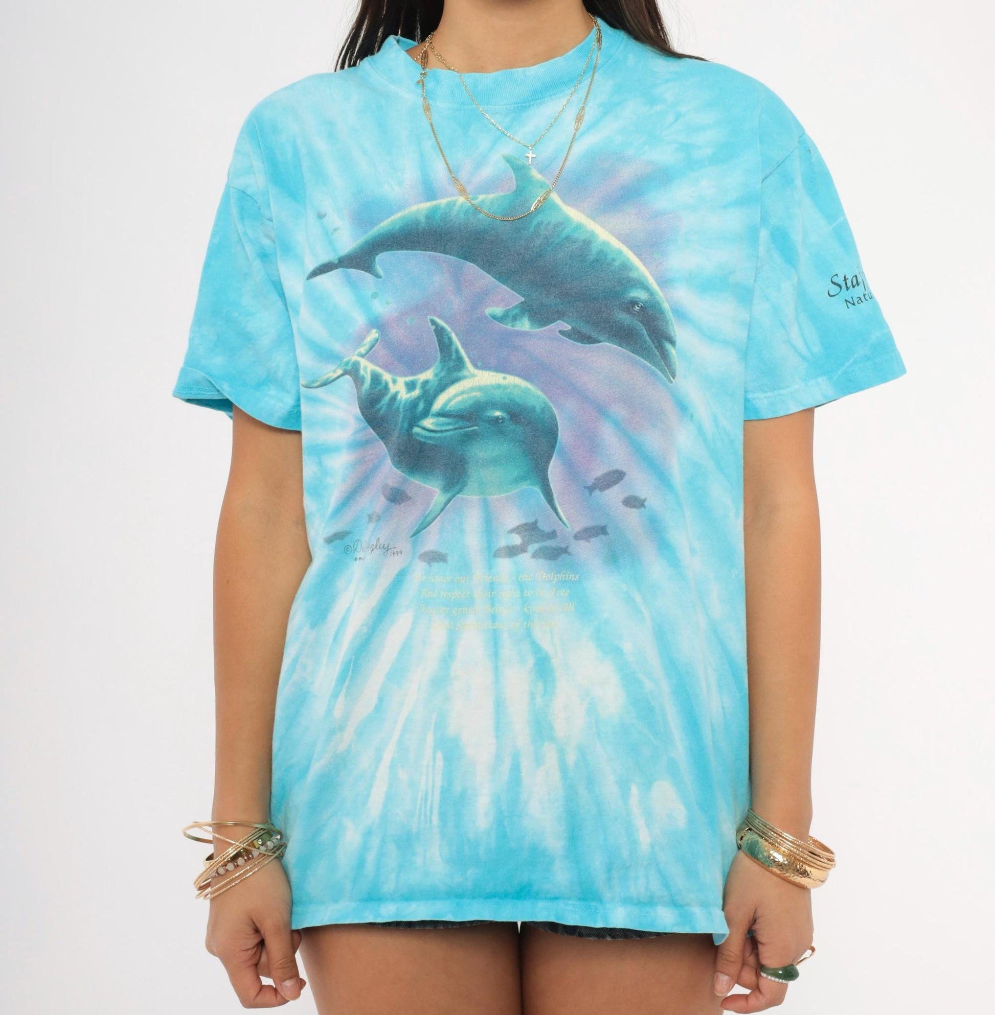 90s Anvil Tie Dye Dolphin Graphic Tee Aqua Purple Ocean Large L