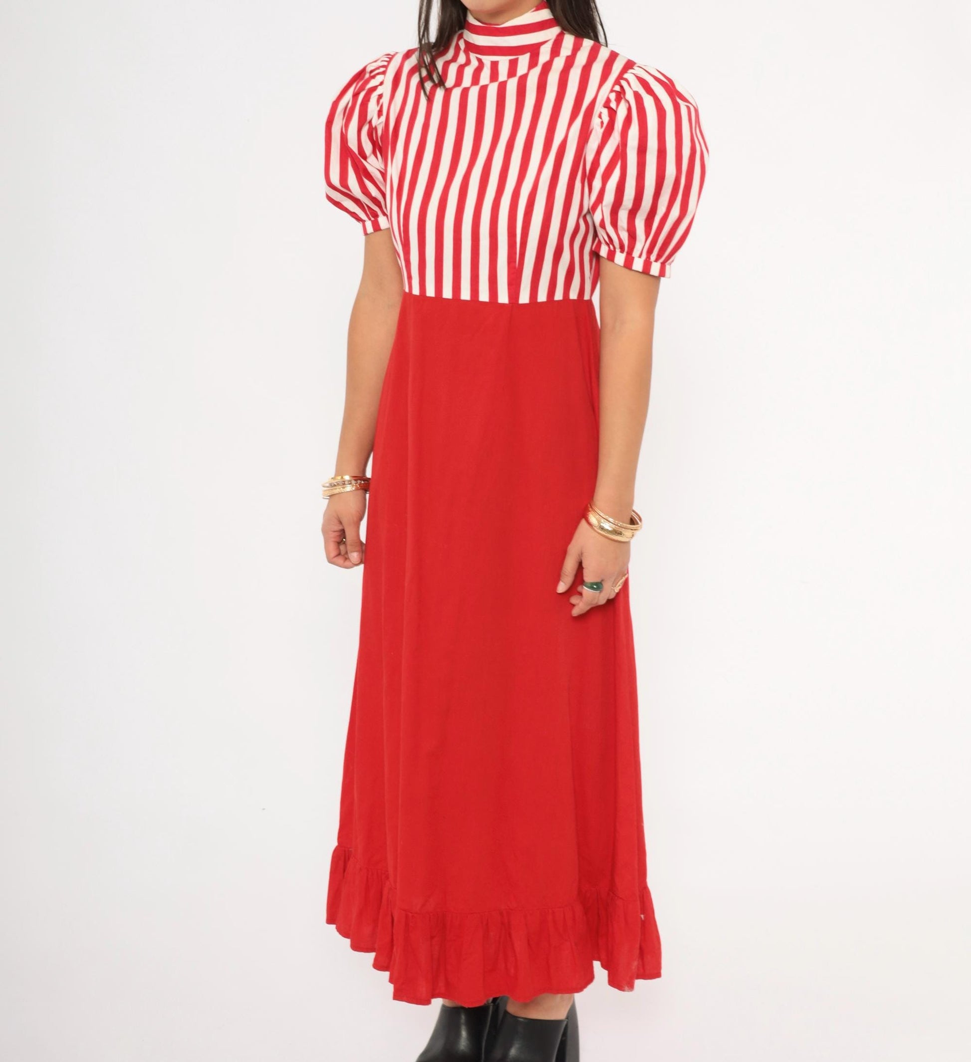70s Red White Striped Cotton Maxi Dress Puff Sleeve Empire Waist Medium M