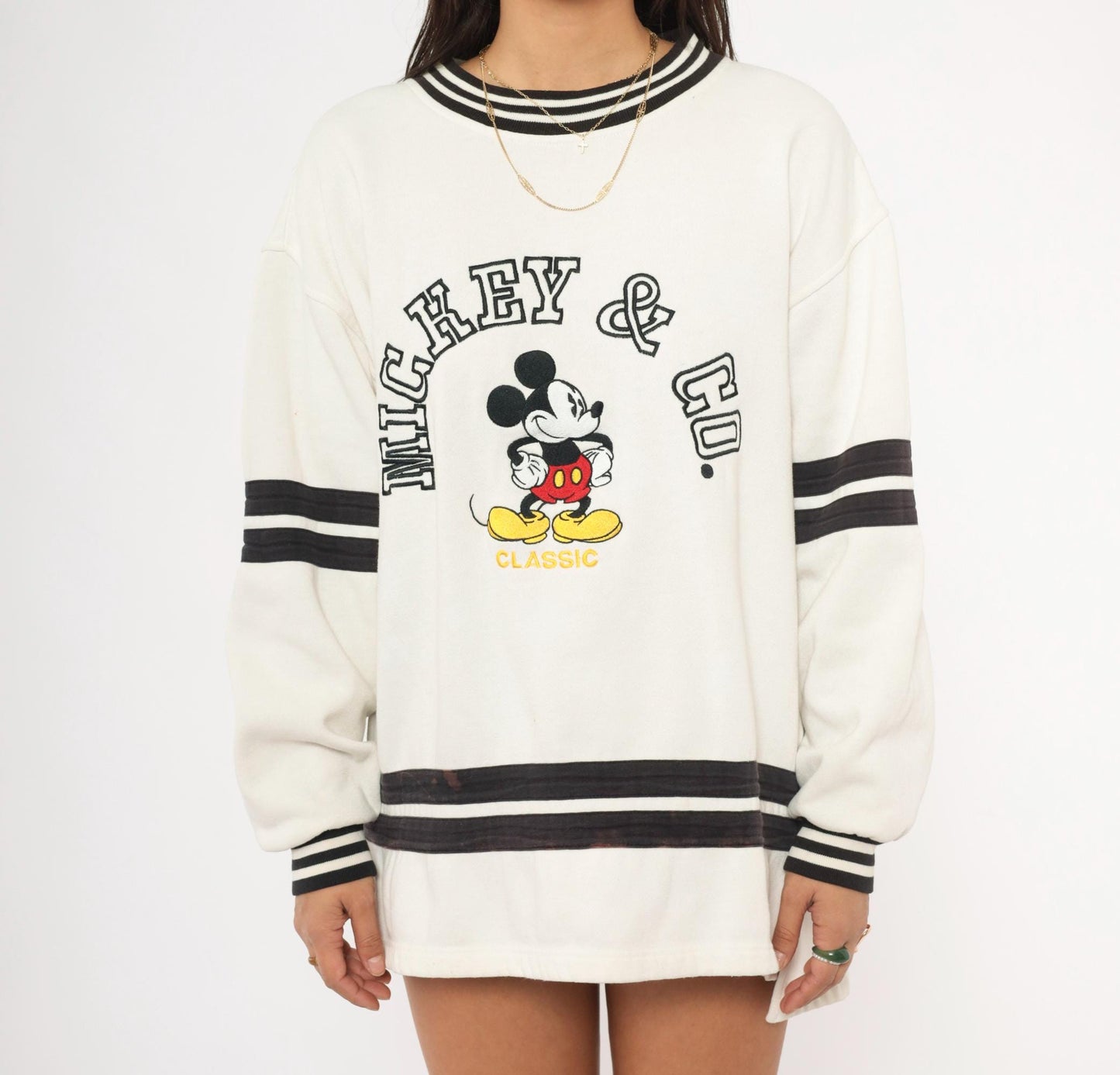 90s Mickey & Co Embroidered Crewneck Sweatshirt White Black Stripe Large