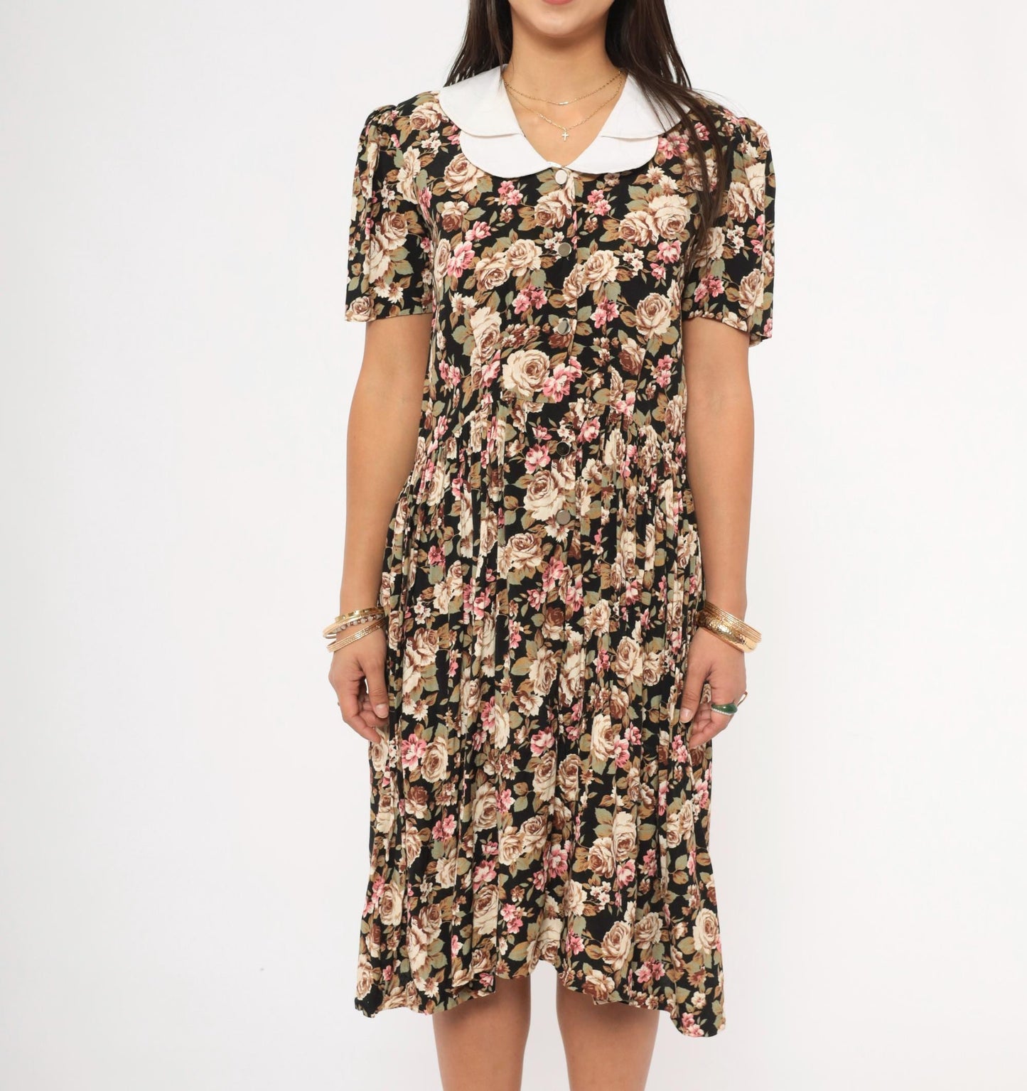 90s Black Floral Peter Pan Collar Dress Button Front Knee Length Medium M