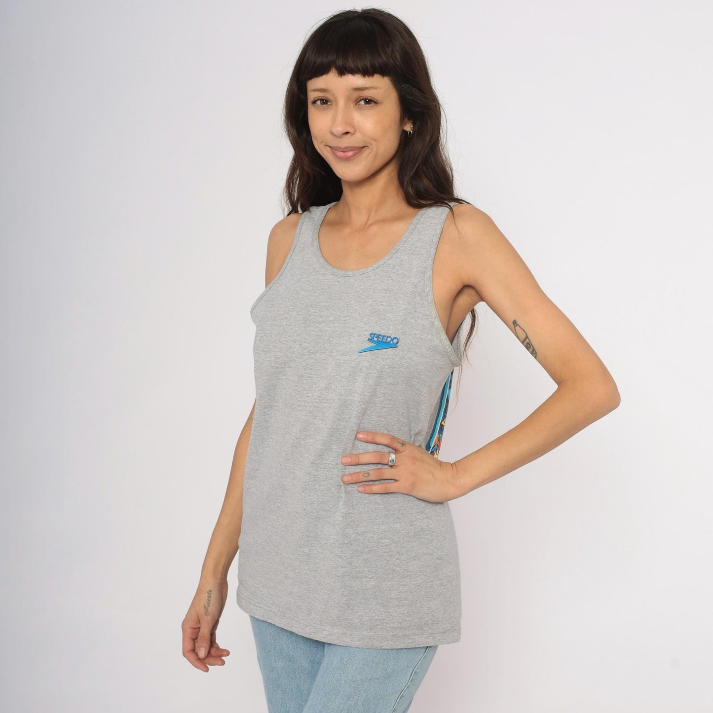90s Speedo Tank Top Heather Grey Tropical Ocean Graphic Cotton Medium