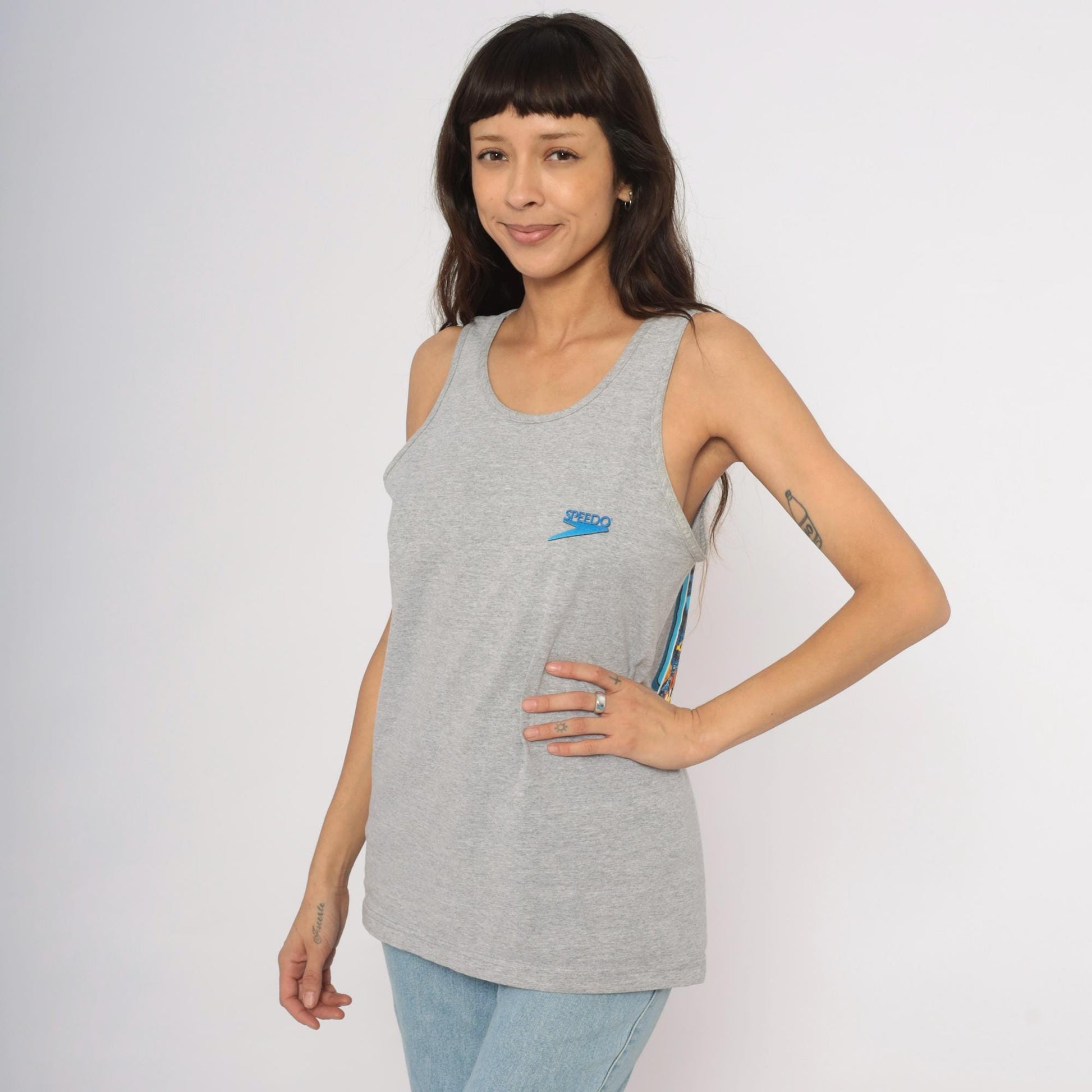 90s Speedo Tank Top Heather Grey Tropical Ocean Graphic Cotton Medium