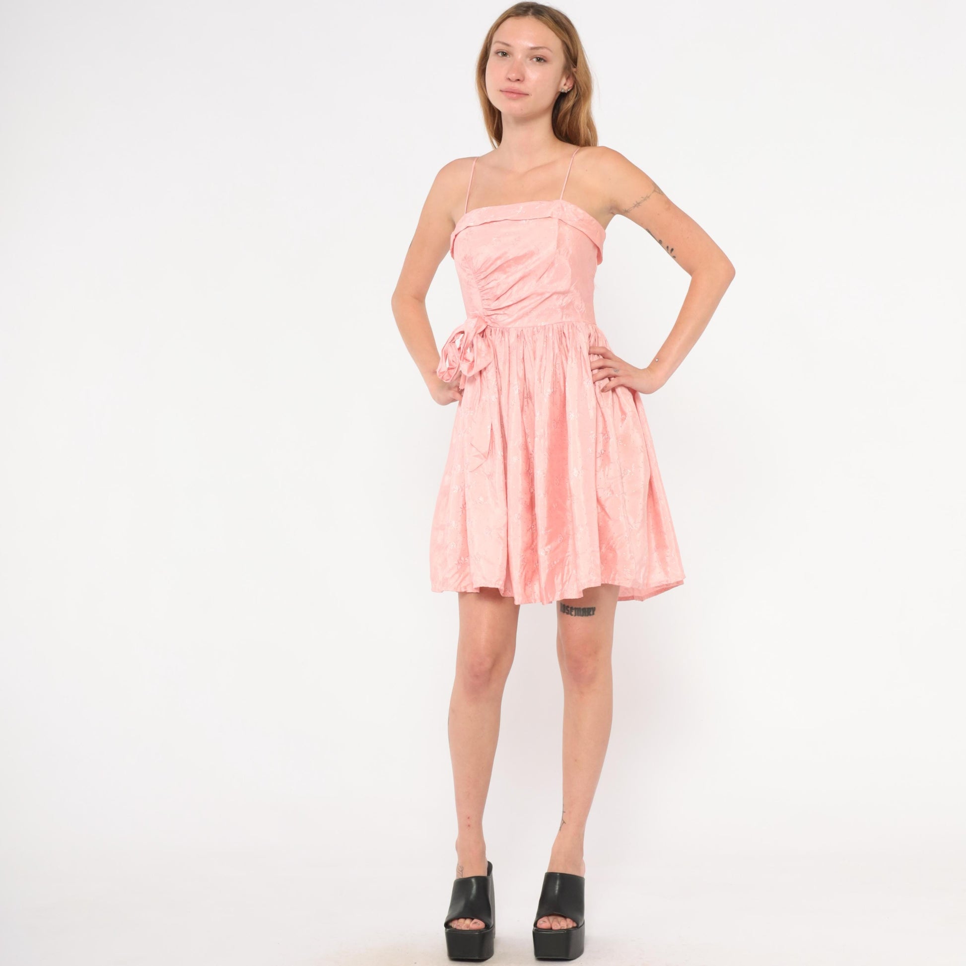 60s Pink Mini Dress Ruched Bodice Bow Waist Gathered Skirt Extra Small XS
