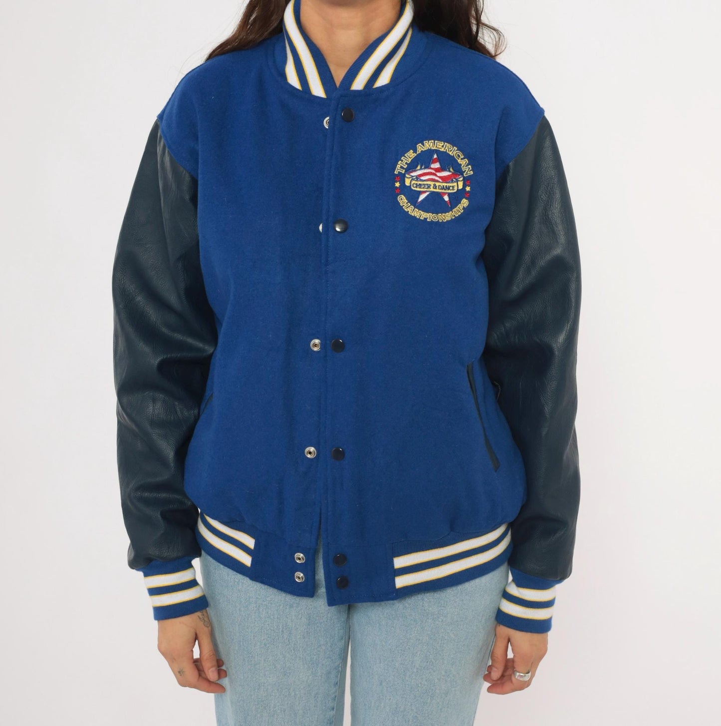 2000s Varsity Royal Blue Letterman Jacket Wool Leather Sleeve Championship Embroidered Small
