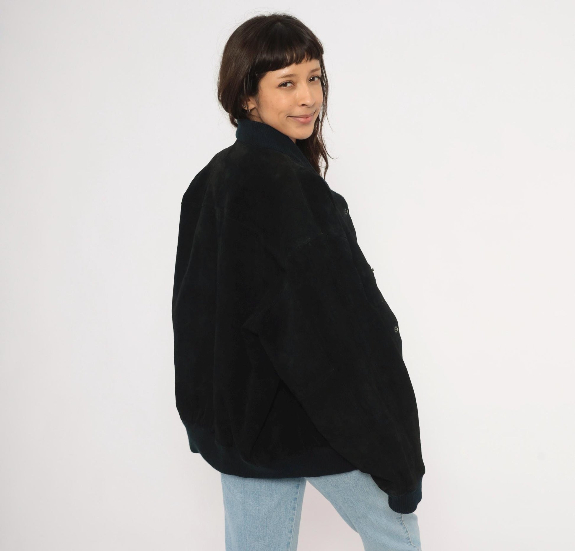 90s Camel Black Suede Bomber Jacket Knit Collar Leather Coat Extra Large XL