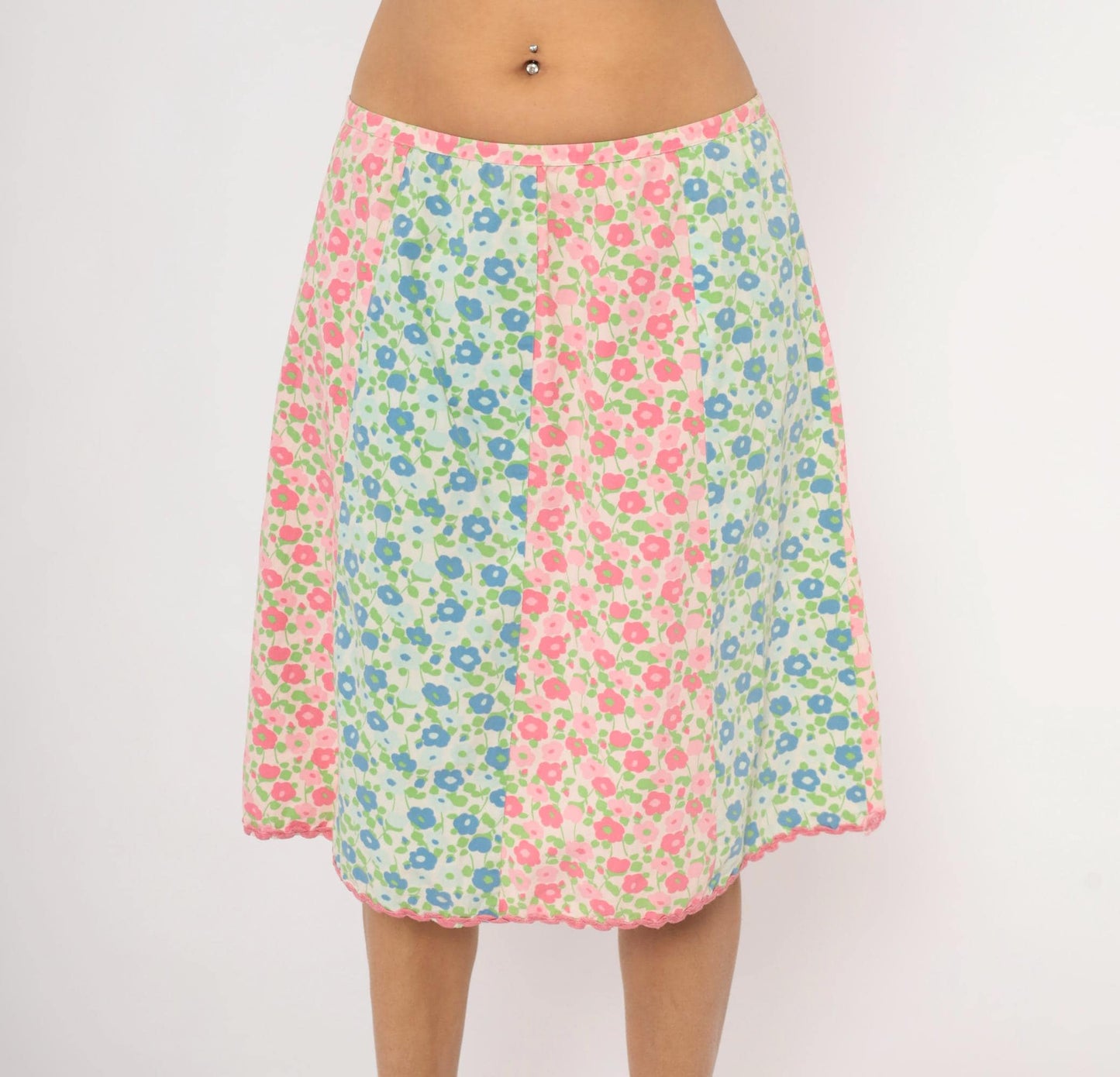 70s Floral A-Line Skirt Pink Blue Green Cotton Knee-Length Large L