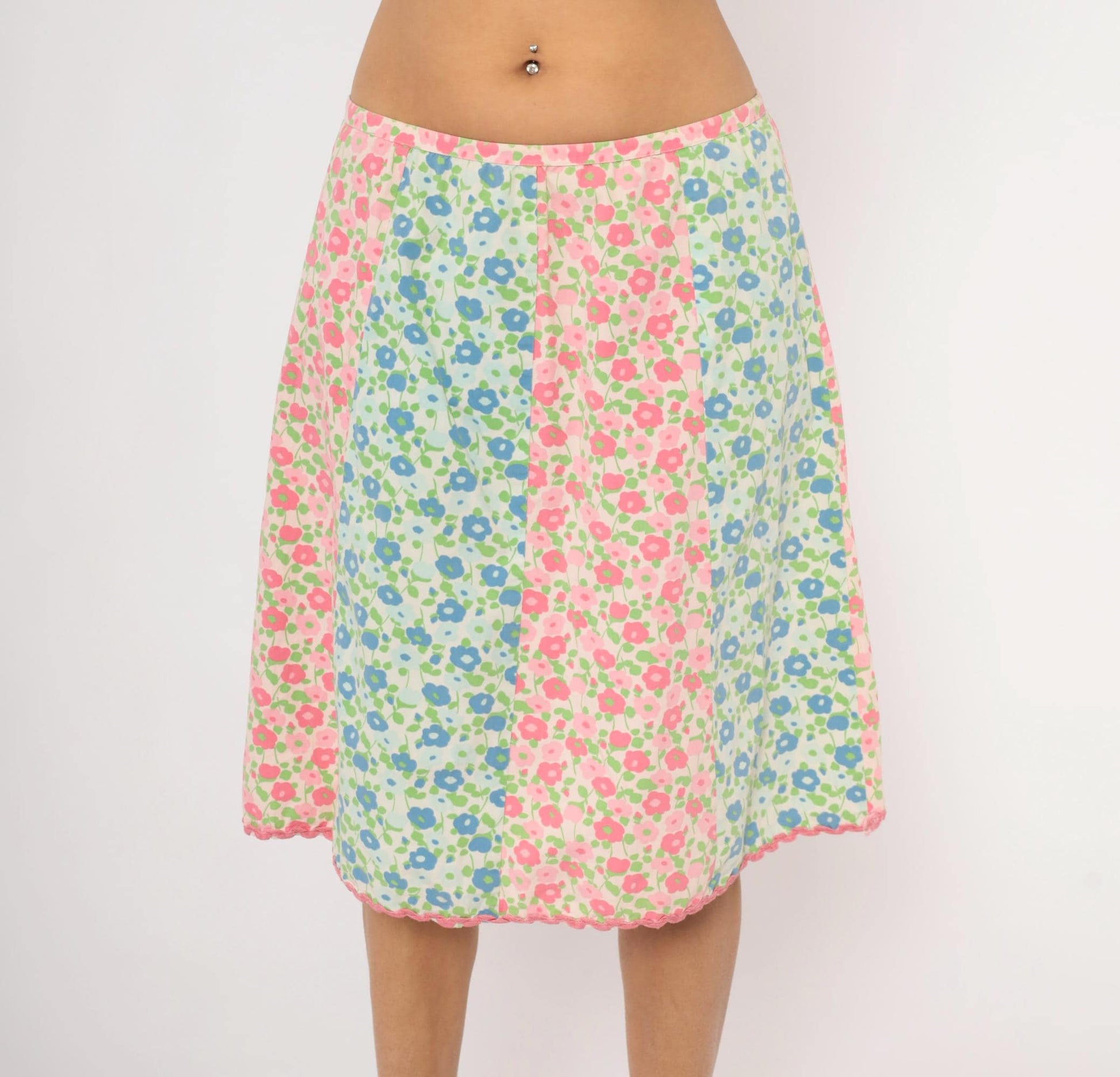 70s Floral A-Line Skirt Pink Blue Green Cotton Knee-Length Large L