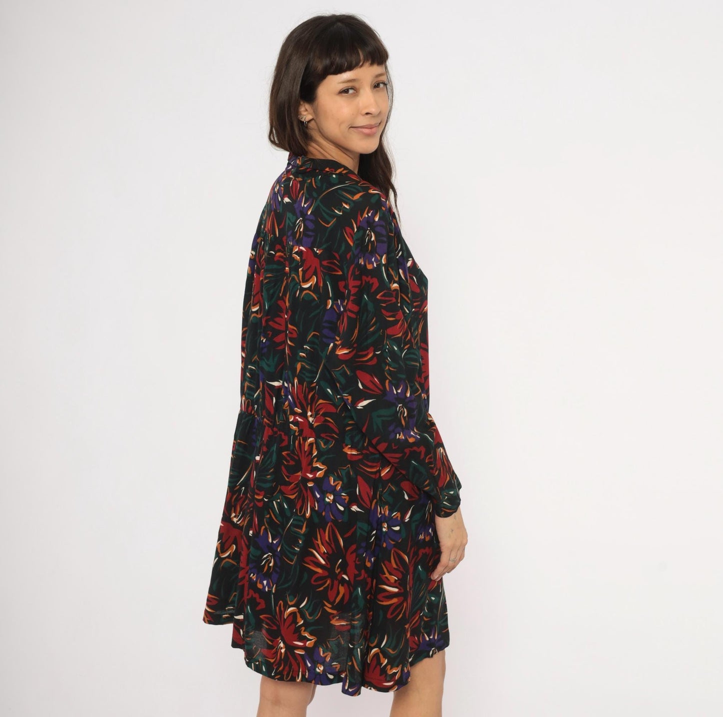 90s Sue Brett Collection Floral Mini Shirt Dress Black Burgundy Extra Large