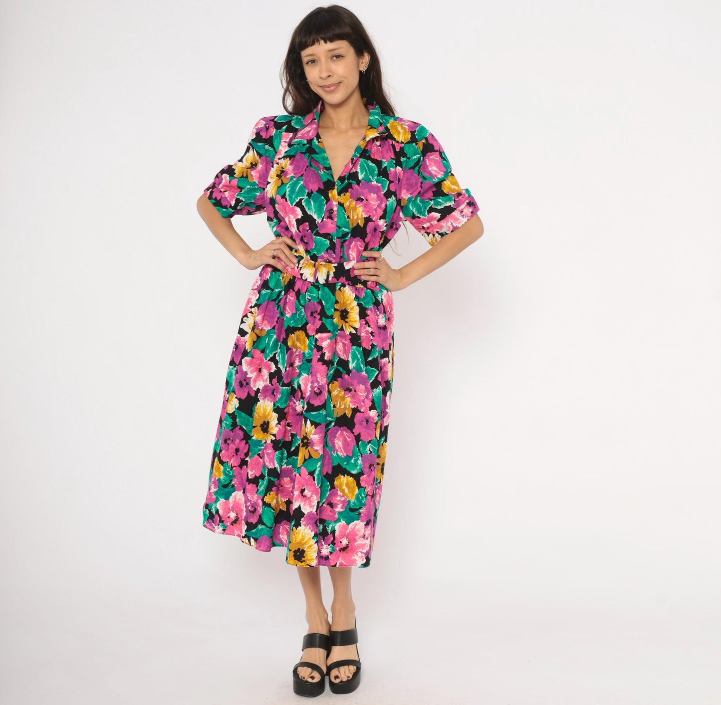 90s Ultra Dress Floral Midi Shirtdress Belted Notch Collar Multicolor Extra Large XL