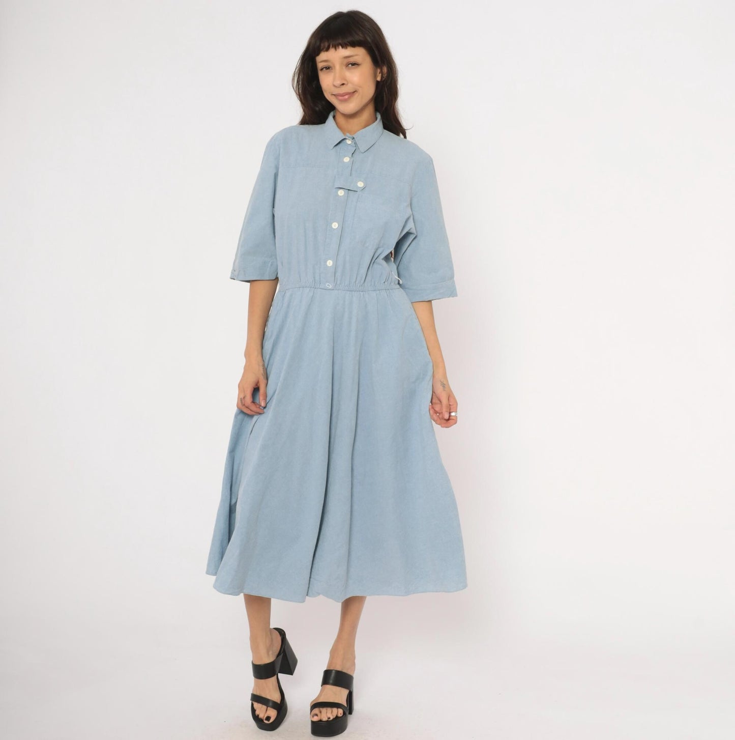 80s Powder Blue Chambray Shirt Dress Cotton Midi Flared Skirt Large L