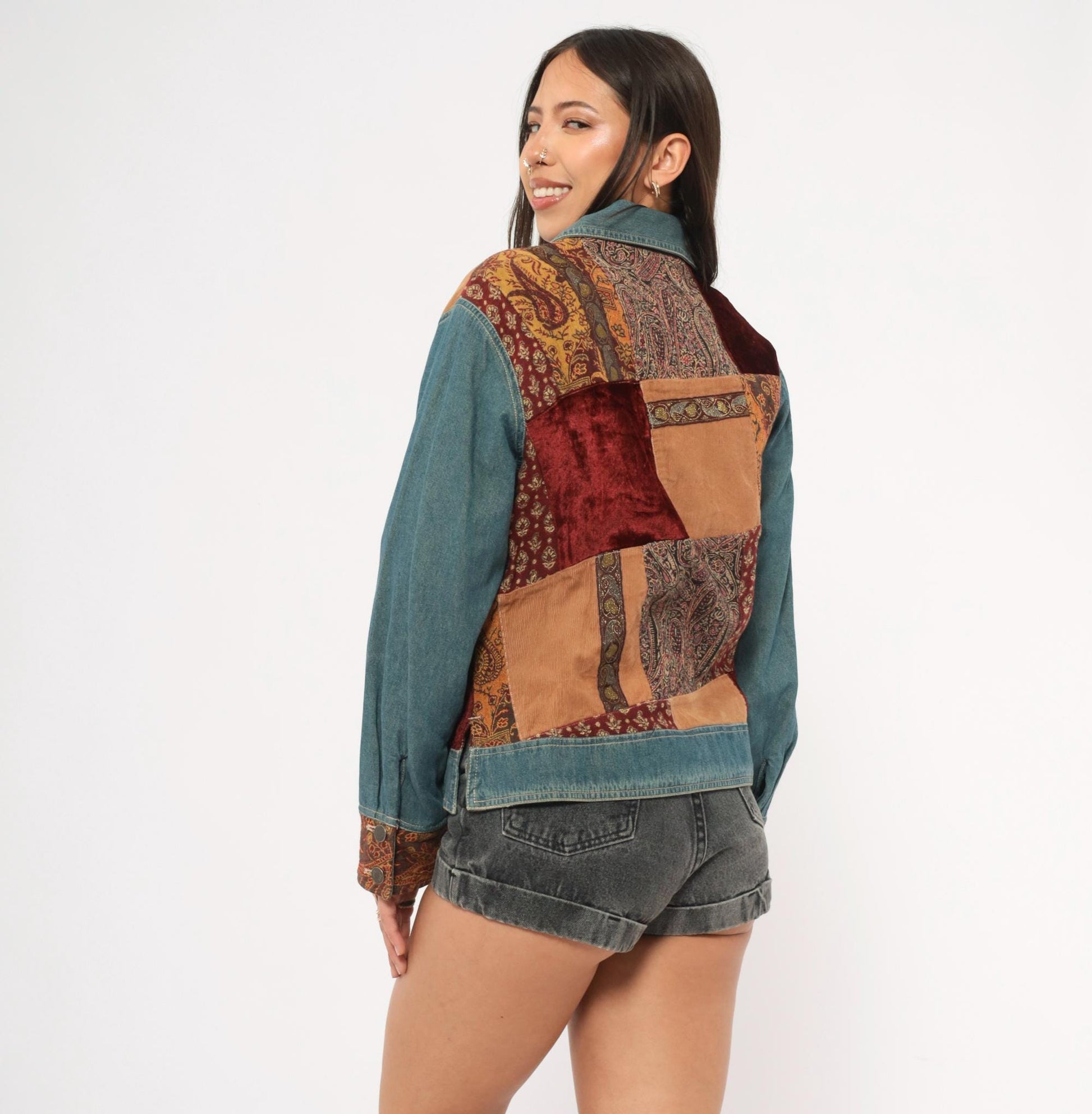 2000s Out Of The Blue Patchwork Denim Jacket Velvet Corduroy Paisley Small S