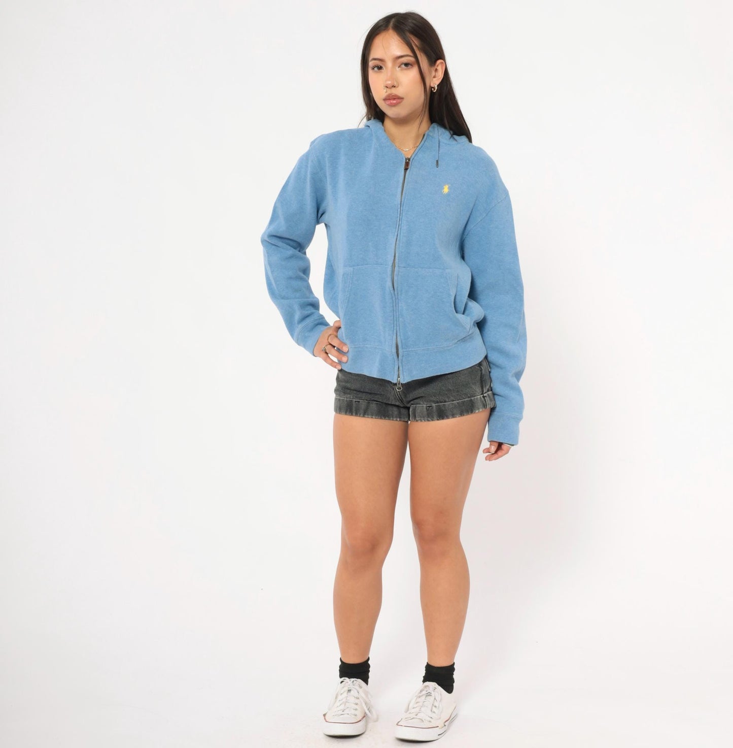 90s Polo Ralph Lauren Zip-Up Hoodie Sky Blue Cotton Medium M