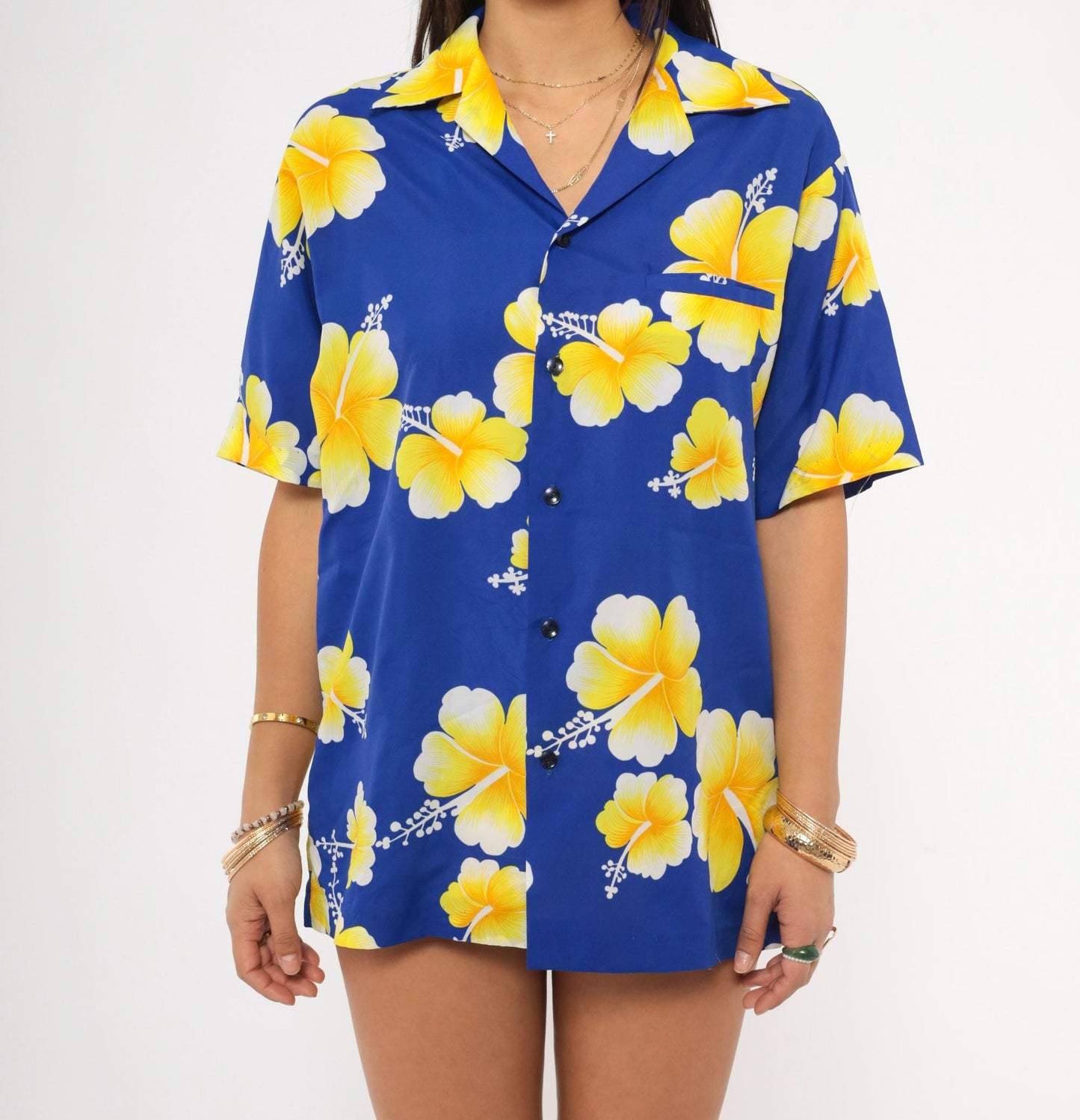 90s Hawaiian Hibiscus Camp Collar Shirt Cobalt Blue Yellow Floral Medium