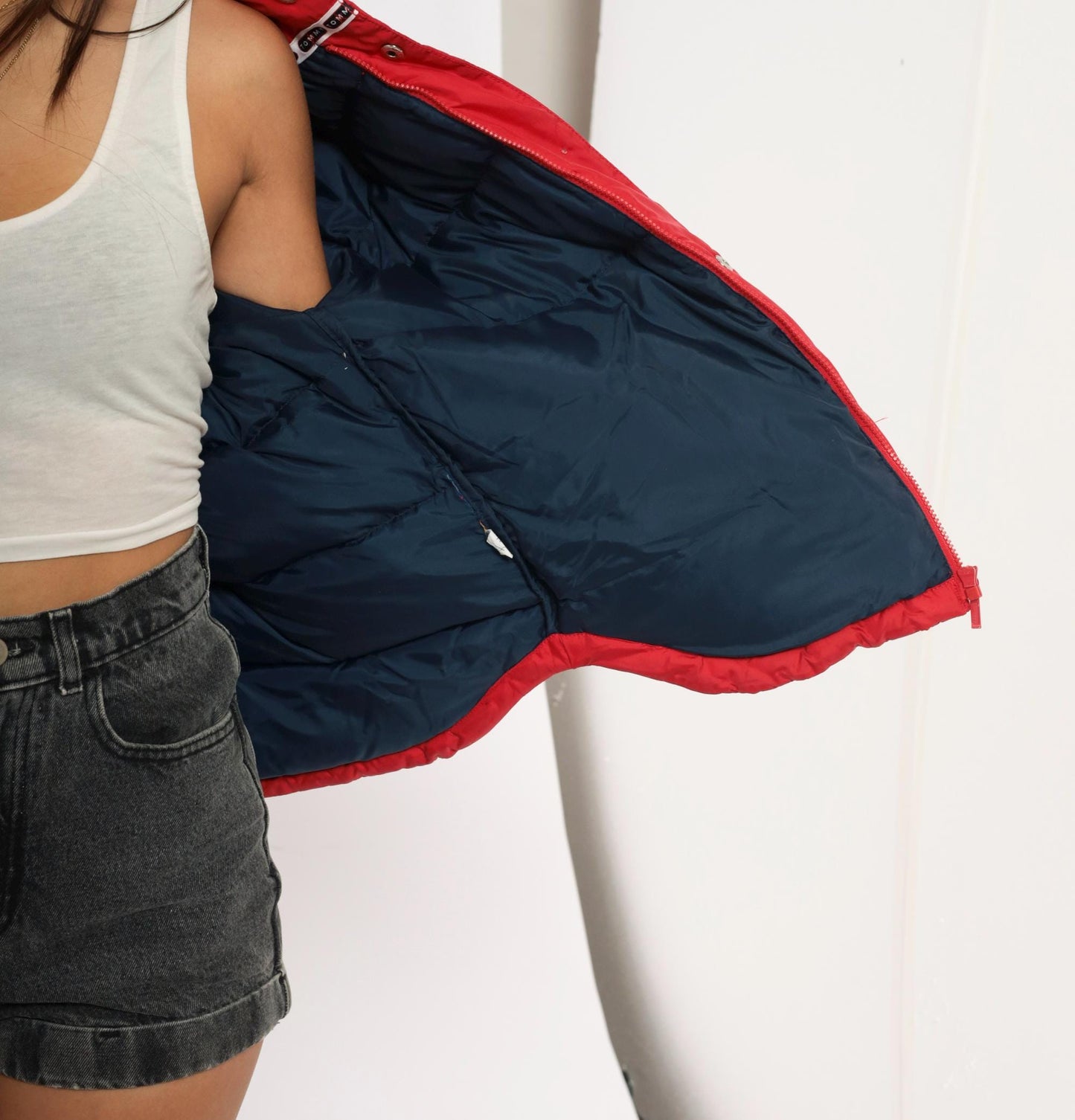 90s Tommy Jeans Red Down Puffer Jacket Hooded Cropped Quilted Medium M
